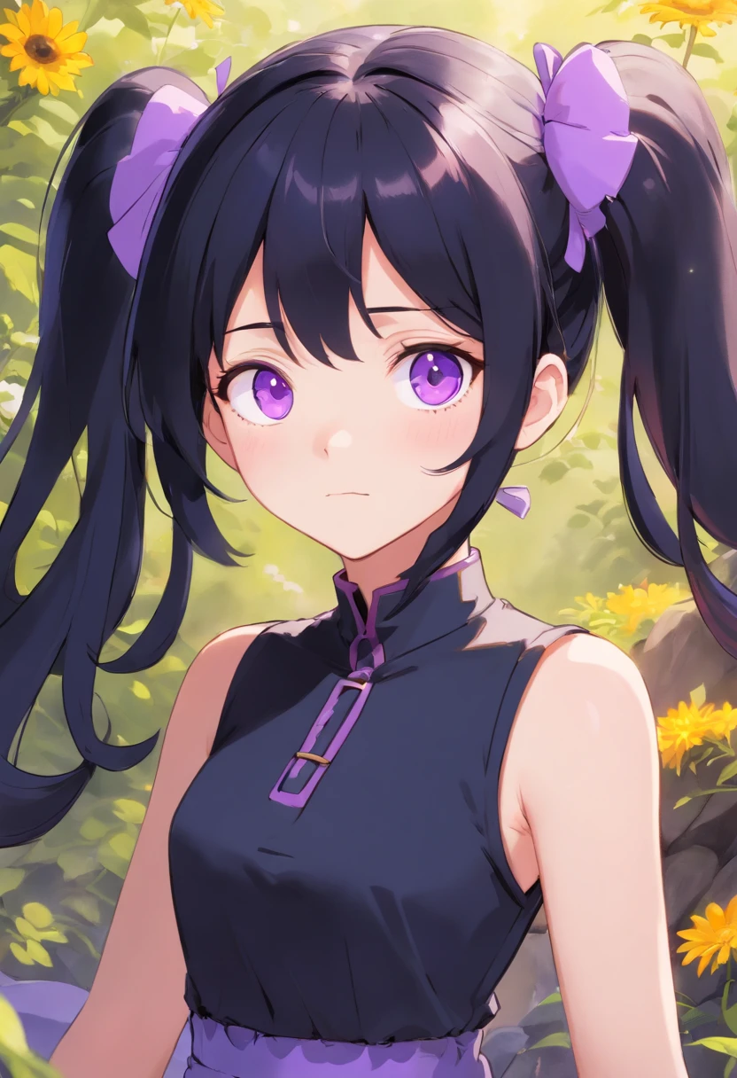 Femboy, 1.60, big black hair with pigtails, fair skin and thin body, , violet eyes and wears black feminine clothes