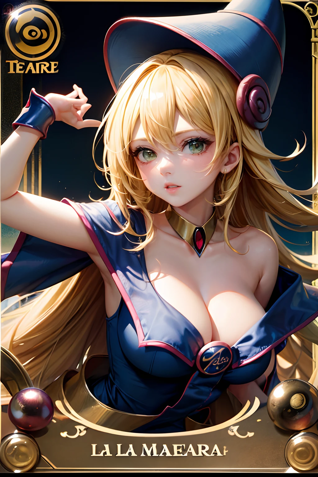 (Obra maestra:1.2), (La mejor calidad:1.2), Perfect lighting, Chica Maga Oscura lanzando un hechizo, flotando en el aire, tetas grandes, escote, blue robe, sombrero grande, desde arriba, Destellos, Yugioh Card en el fondo