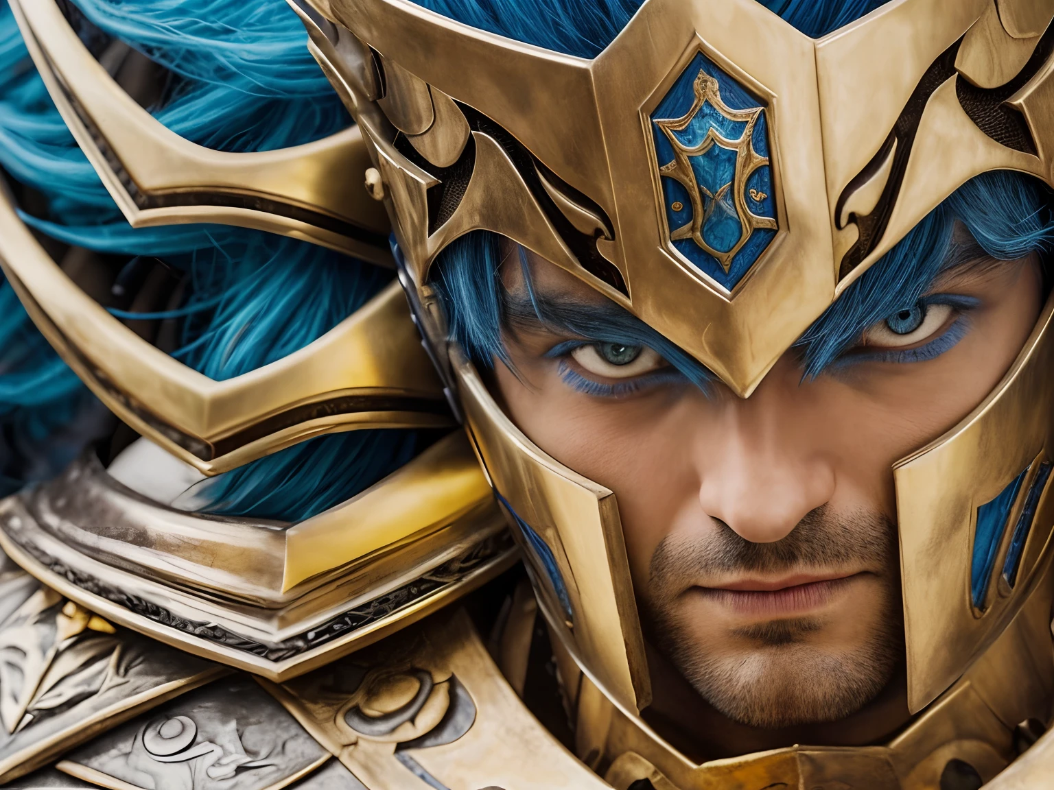 an evil looking knight man, close up. italian, male, 1boy, solo, serious, looking down, (blue hair), (realistic cruel eyes), ((Shaved)), in medieval armor, (golden armor), shoulder armor, near starry Skye background, (detailed armor, high quality), (ornate armor),