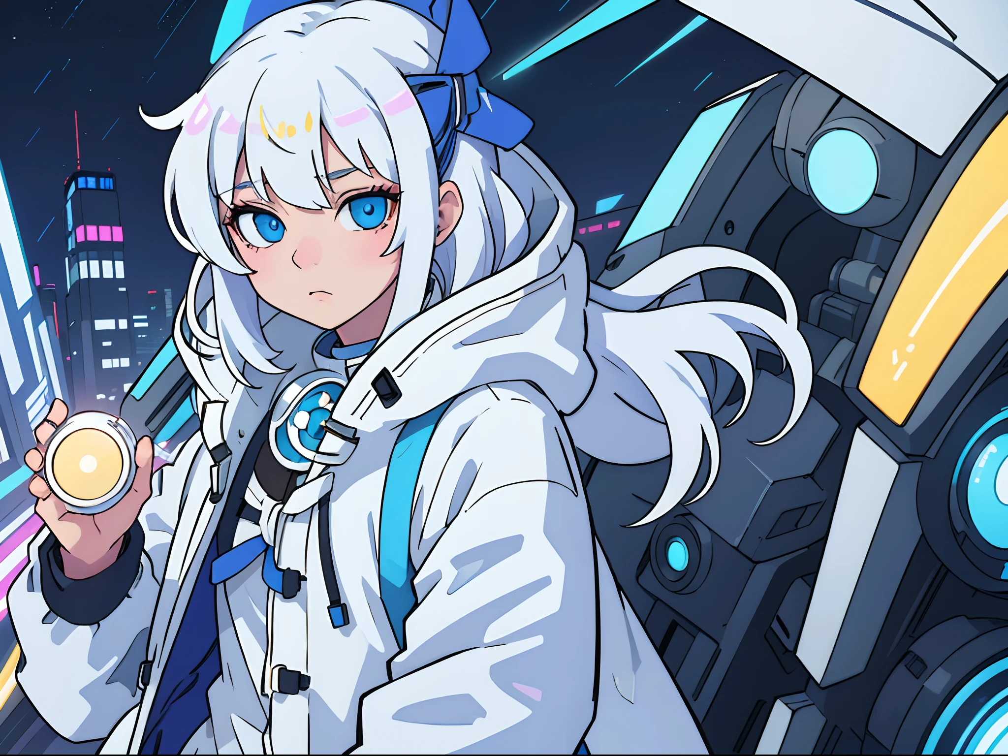 1girl,mecha girl ,Albino, cute, white hair, blonde hair, beautiful, long hair, blue eyes, wearing a parka jacket, cyberpunk jacket, hair with a ribbon,night light ((8k, UHD, ultra realistic))