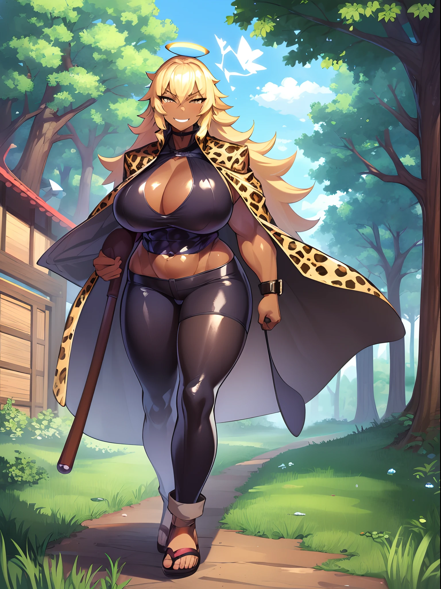 Muscle girl, dark-skinned woman, big chest, wings, happy,, coat jacket, pants, portrait, 1character, full body, walking, ,village, farm, angel halo, forest,flipflops,blond hair, revealing cloth, leopard cloths , barbarian