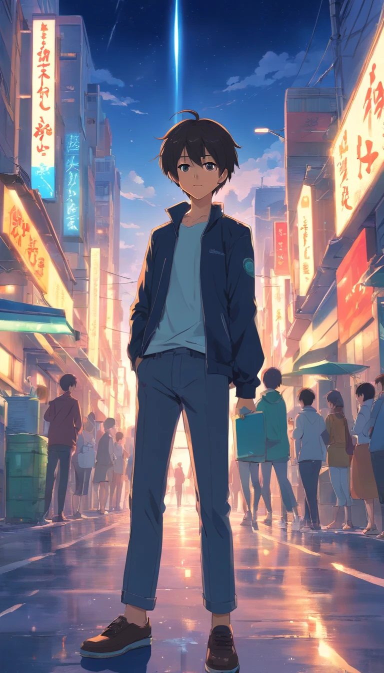​masterpiece、Adults、３０Uncle of the generation、twinks、Forehead、30-years old、A dark-haired、Black jacket、Black pants、white t-shirts、Give bangs、Sticking out your forehead、twinks、Eyes drawn in detail、a handsome、Inside the city、starrysky、Mystical light、Dramatic light、Cinematic power、