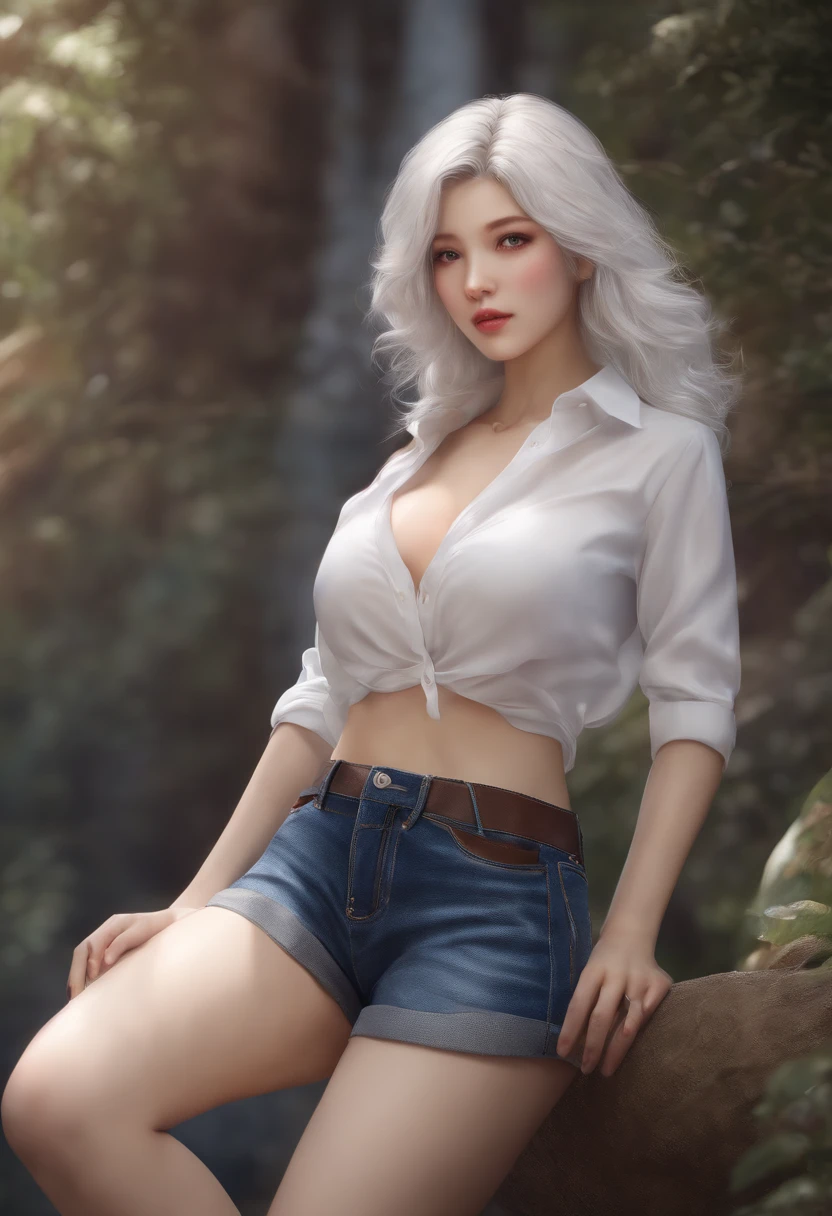 Realistic, High resolution, 1 girl, White wavy hair, Korean, Heterochromic eyes, Small moles under the eyes, Loose white shirt, skinny denim shorts, Large breasts, thighs thighs thighs thighs, A masterpiece that looks like panties, Realism