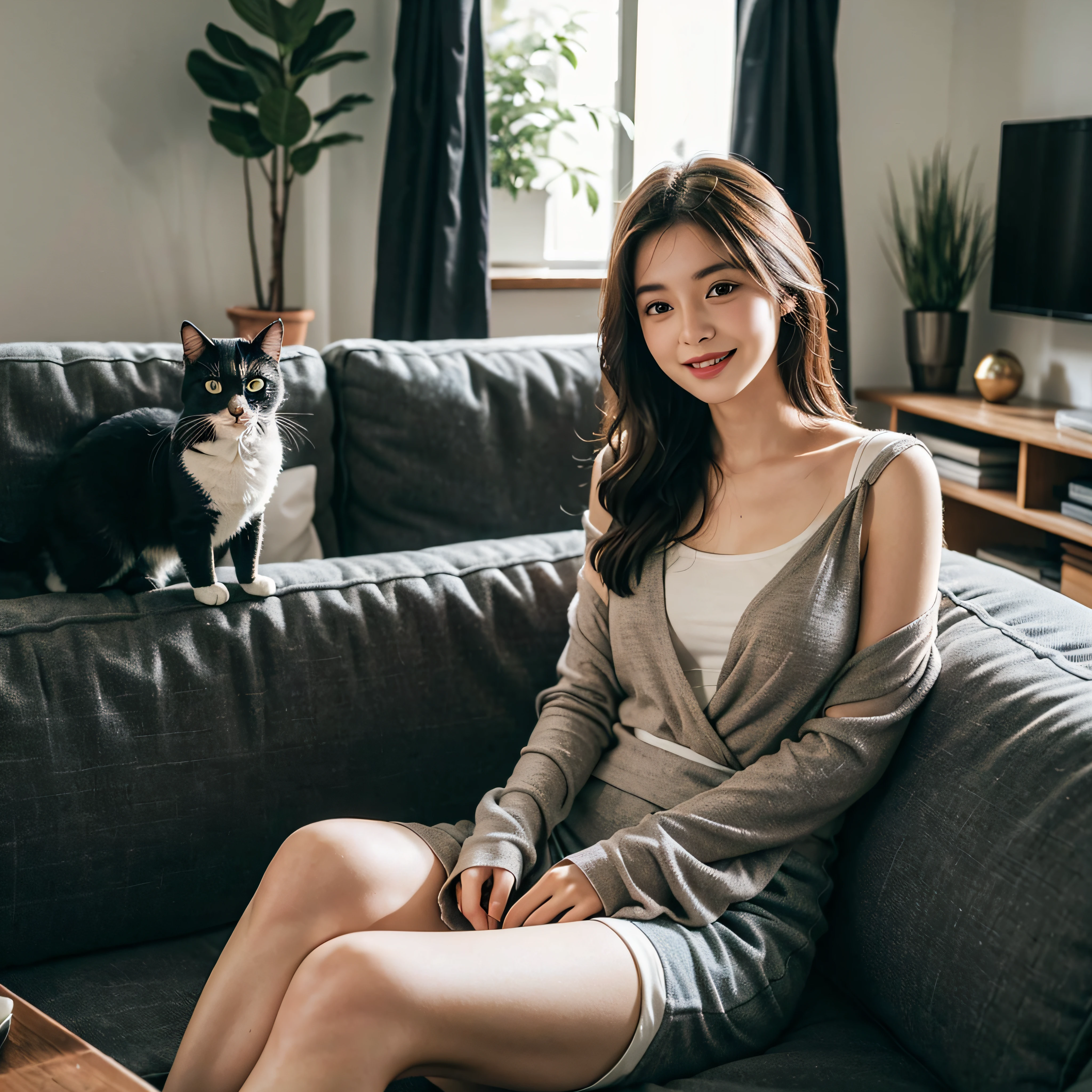 A girlfriend,Draped with hair, loose home wear,Sitting on the living room sofa,The house is small fresh design style,a plant, warm lights,Simple,Fashionab,extreme detail,Very detailed,realisticlying, comfort and lovely welcoming smile, with a cat,