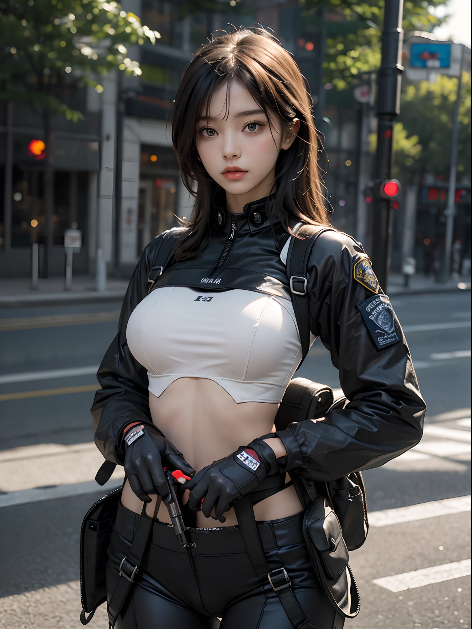 (Highest image quality, outstanding details, ultra-high resolution), (realism: 1.4), highly condensed 1 beautiful girl, with a delicate and beautiful face, ((cowboy shot)), (a bit chubby:0.4), (wearing black racing suit likes police uniform, black and grey mecha, wearing military harness), background simple grey concrete,     near-future military gears, pistol holster, big military backpack, (underboob), exo-skeleton, expression of kindness,