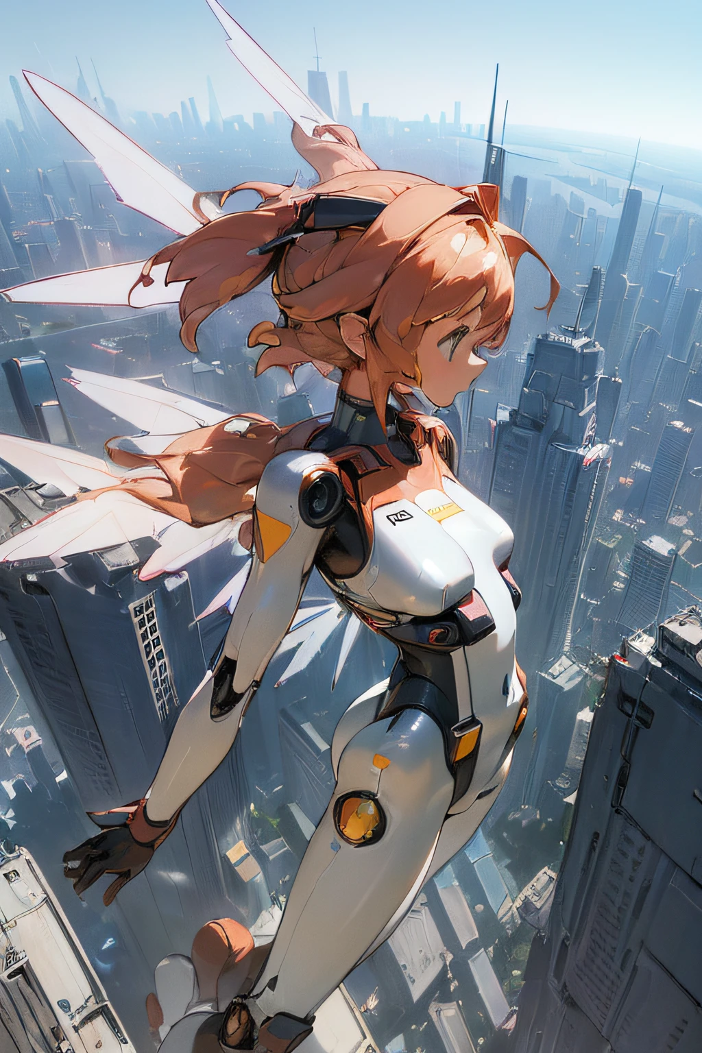 (Girl in high tech bodysuit flying over the city of the future:1.5), (Futuristic city:1.5), visor, Headgear, (Little Mecha Wings:1.5), masutepiece, Ultra Detailed CG, Ultra-detailed details, 8K Wallpaper, (Perfect female figure:1.5), Huge natural BR...