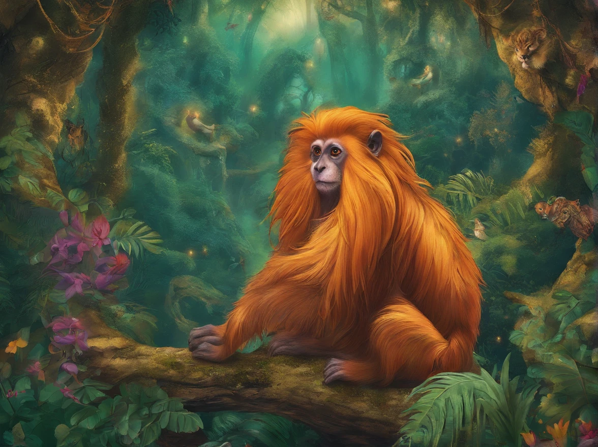 mulher ave harpia brasileira ,Golden Lion Tamarin ,ulher morena olhos mel ,na selva amazonica encantada .