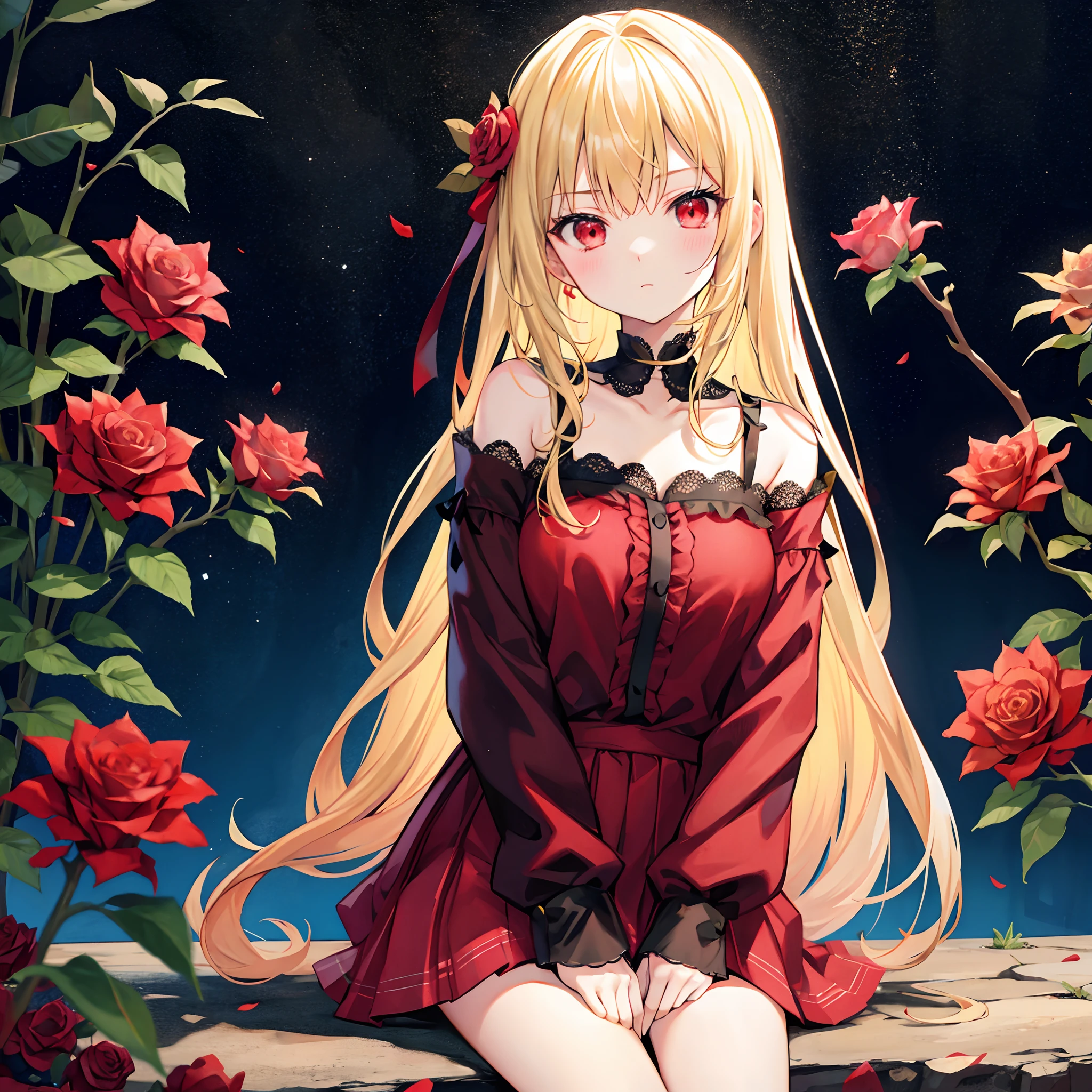 Blonde and red-eyed girl、Sitting surrounded by roses、doress、a miniskirt、