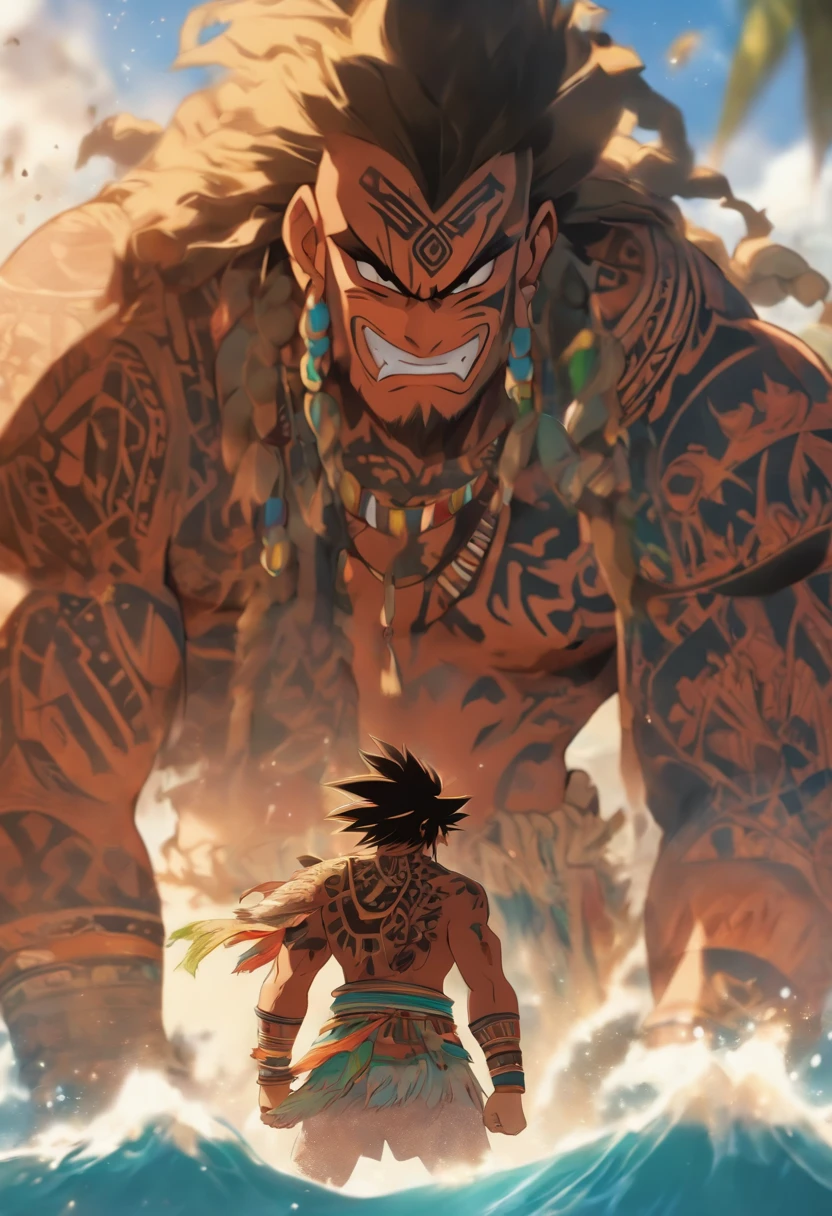 (((Hombre con gancho)) La mejor calidad, Ultra-high resolution, CG detallado 4K, Obra maestra, Maui, joven, Ropa hawaiana, Hawai, Māori tattoos, Māori Mythology, ((gancho gigante)), Māori Picture Style, aesthetic, Centrado en la pantalla, cuerpo completo