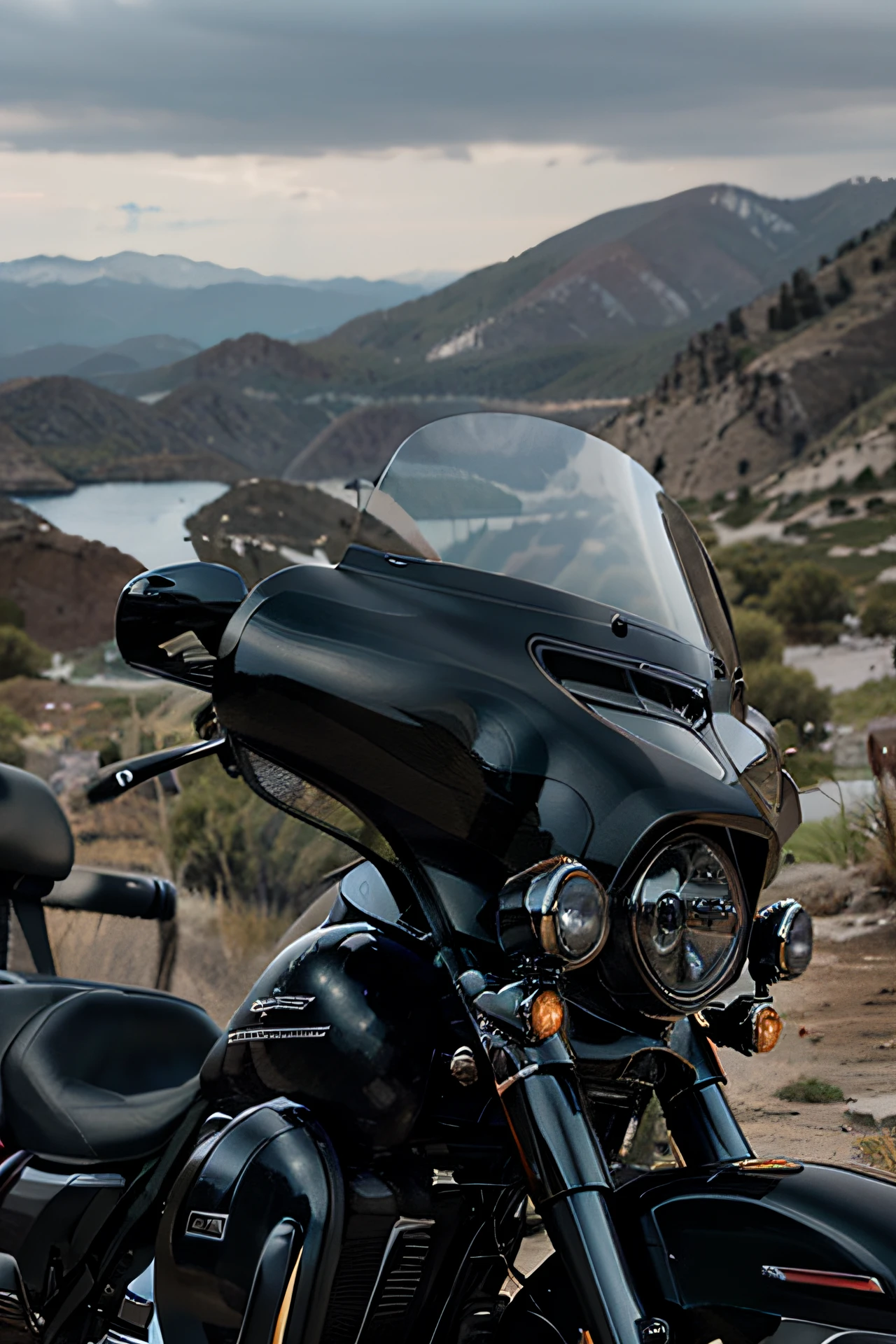 "Imagine a black 2030 Harley Davidson ElectraGlide Ultra Limited with advanced connectivity features, such as an LCD screen on the dashboard that shows information about the route, Weather forecast and even call and message notifications. How these technological features would be harmoniously incorporated into the design of the bike?”