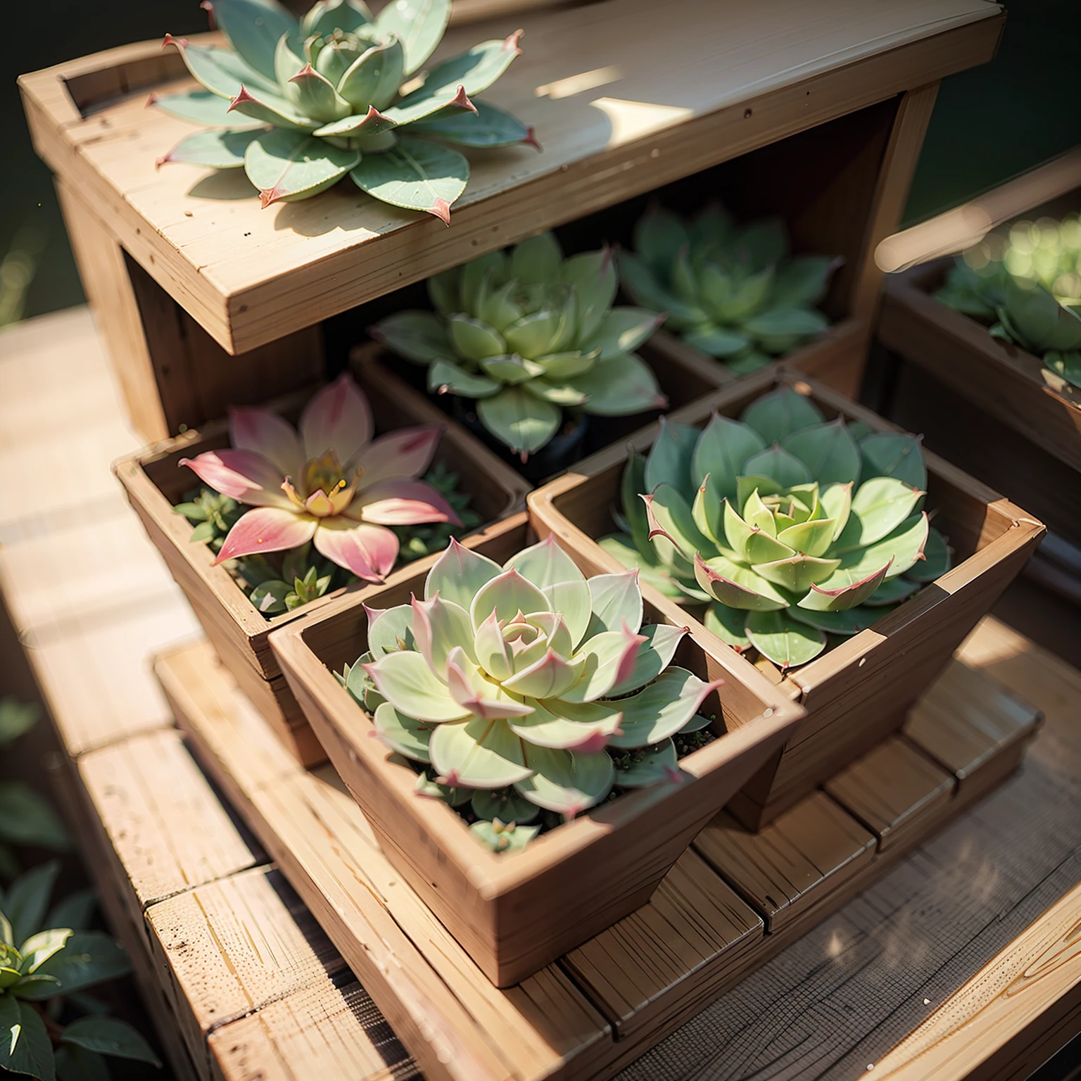 Very realistic Echeveria, ultra detail,close-up, wonderful lighting, volumetric atmosphere, some magic dust, photorealistic, wonderful shelf with plants on the background