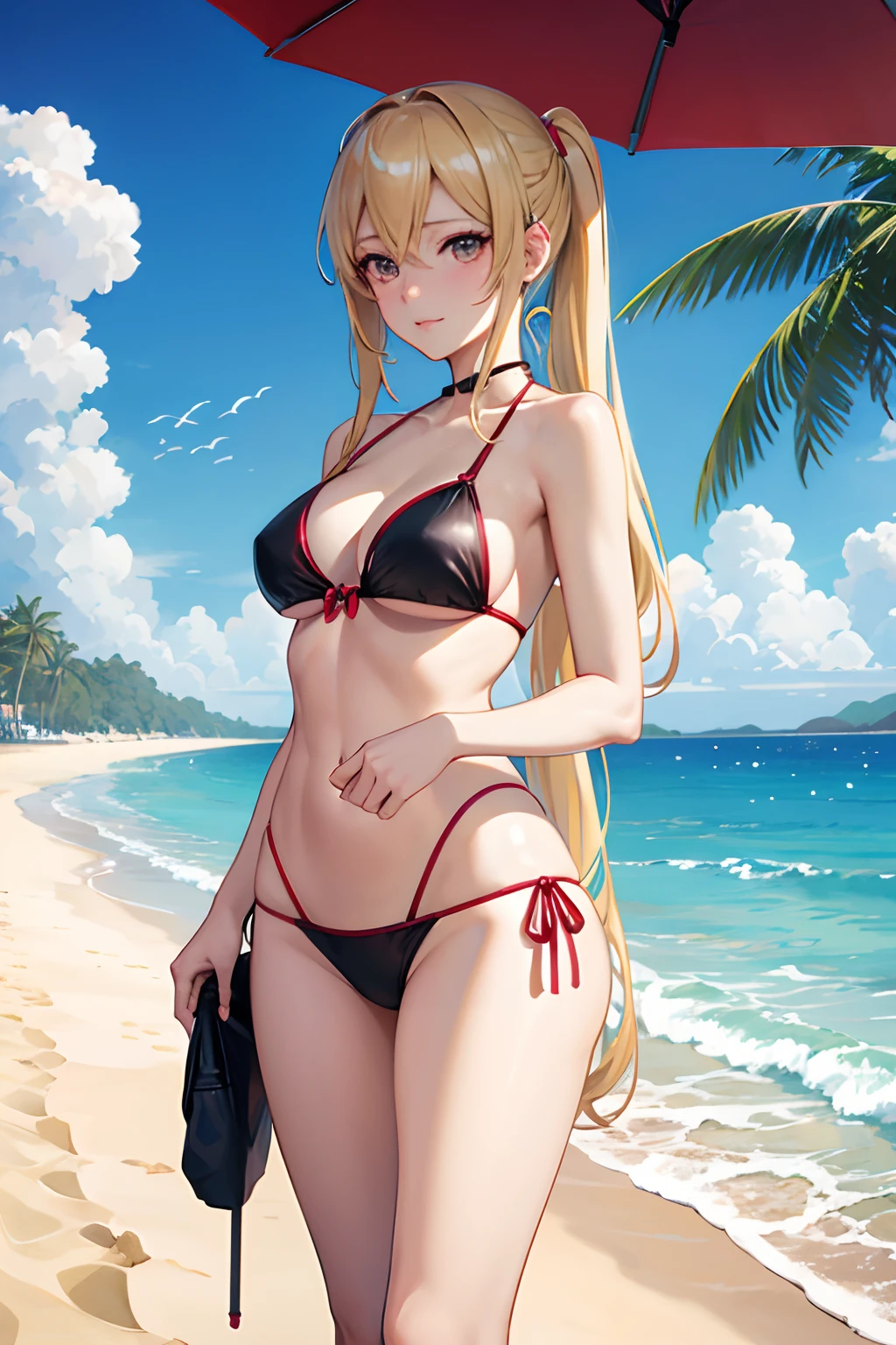 Anime girl in bikini with umbrella and person on the beach, realistic bikini, on a sunny beach, in beach, in beach, in beach, in beach, Seductive Anime Girl, On the beach, Smooth Anime CG Art, charming anime girls, Annie Leonhart, misa amane *, Posing on the beach, Anime Best Girl, beautiful alluring anime woman