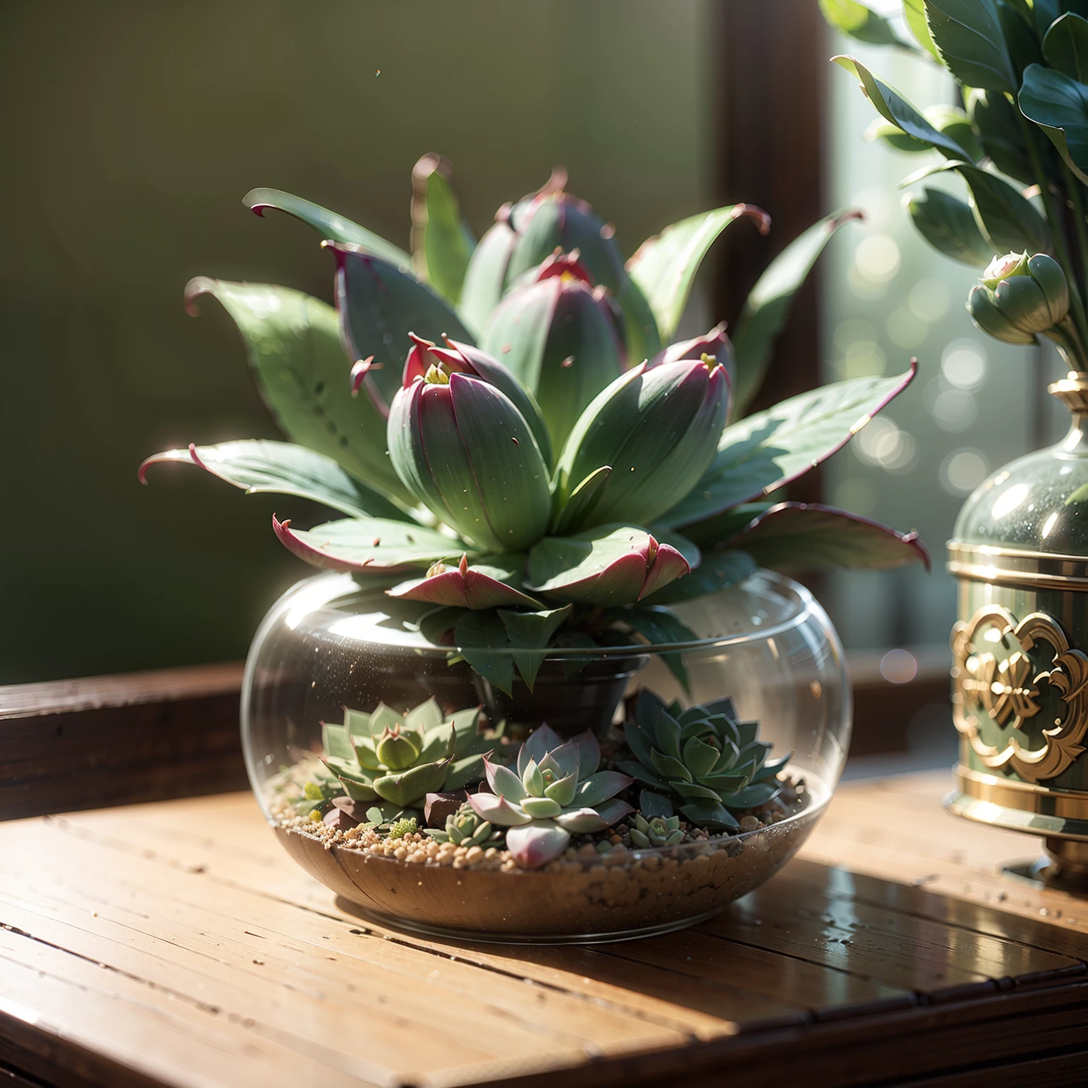 Very realistic Echeveria, ultra detail,close-up, wonderful lighting, volumetric atmosphere, some magic dust, photorealistic, wonderful shelf with plants on the background