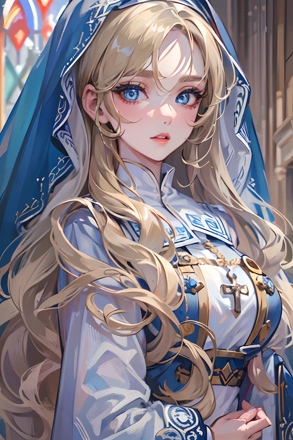 (best quality,4k,8k,highres,masterpiece:1.2),ultra-detailed,realistic,beautiful detailed blue eyes,beautiful detailed lips,extremely detailed face,long hair,1girl,beautiful blonde girl,wearing a nun's outfit,cute,attractive,church, retrato, detailed eyes