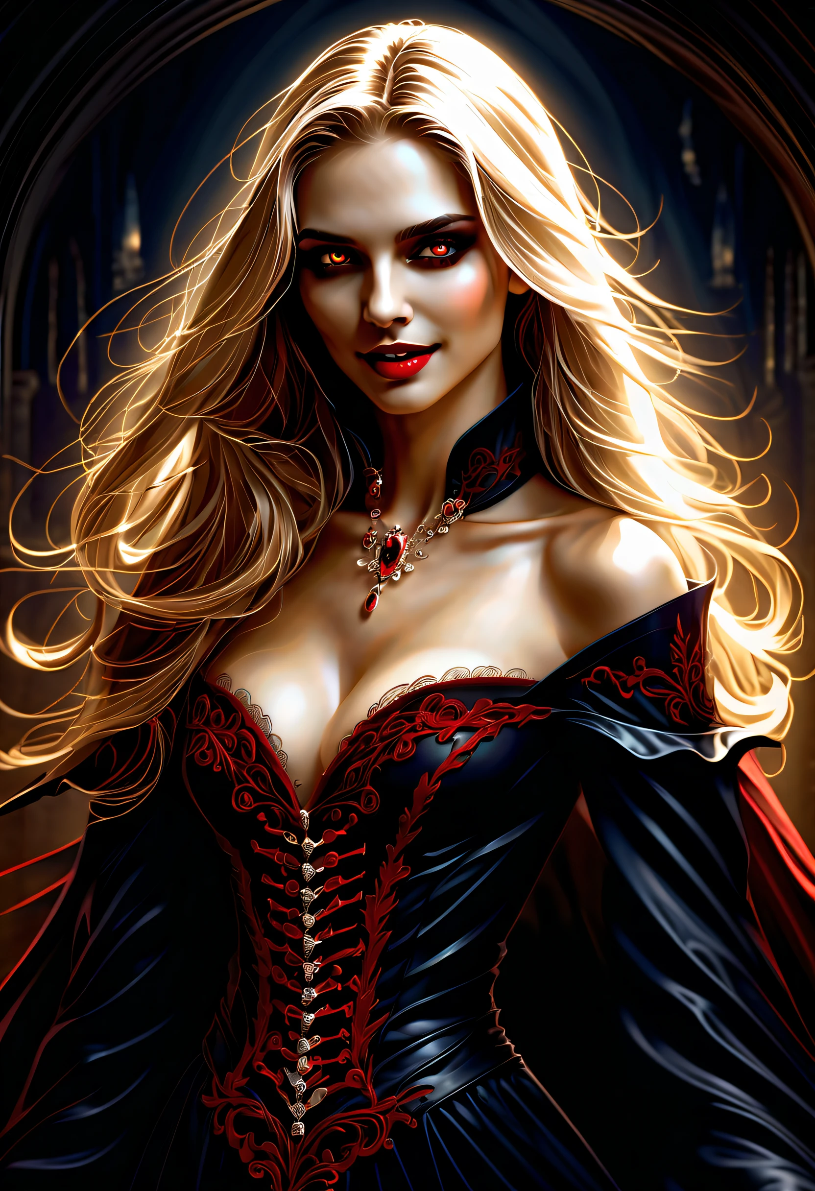 (((vampire girl illustration:1.3))), (((evil smile:1.2))), (((long vampire fang:1.3))), (((long_vampire_fang:1.3))), ((back-around of dark fantasy grim-reaper of ultimate quality:1.3)), ((exuding beauty and grace:1.3)), beauty light blond and brown hair, rosy skin, glowing gold eyes, stylish of presence emanates an eerie enchantment, stunningly beautiful, surpasses any photograph, (((level of realism is beyond that of a photograph:1.3))), capturing the essence of a goddess-like beauty, (((every intricate detail:1.3))), (((every extremely detail:1.3))), meticulously rendered, (creating a visually stunning image:1.2), (immerse breathtaking contrast:1.2), (((use of ballpoint pen and crayon techniques:1.2))), combination of ballpoint pen and crayon techniques, pinnacle of artistic skill, exudes beauty and elegance, (utmost detail and precision using:1.3), maximum resolution, beautiful contrast, (meticulously crafted to perfection:1.1), (witness the ultimate fusion of beauty and intelligence in this stunning rendering:1.3), floating with elevating splash, create a sense of depth and dimension angle,
