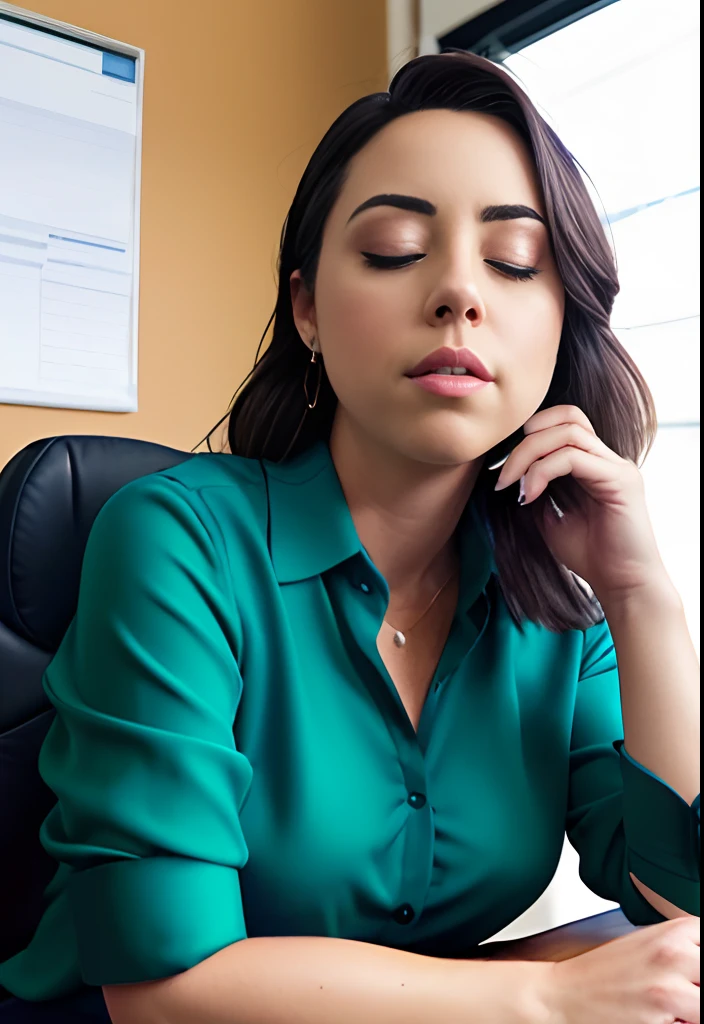 masterpiece, lifelike upper body image of AubreyPlaza, wearing a green blouse, photo realistic, highly detailed, detailed face, resting bitch face, dramatic lighting, detailed eyes, sitting behind desk asleep, asleep at her work, sleeping, eyes closed, ((head lying back)), sitting back