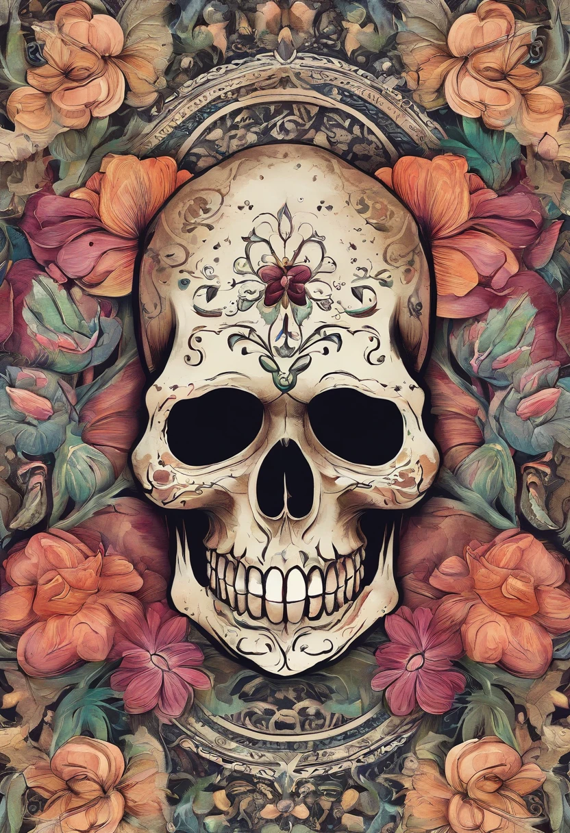 Close-up of a skull with flowers on its head, (Sugar skull), Day of the Dead, Fantasy Skull, Awesome detail art in color, Awesome color art in 4 k, Sacred skull, Conjuring hallucinogenic backgrounds, Digital art in detail, skull, Sacred skull, Psychedelic illustrations, Sugar skull, Skull face, Death Skull, Awesome art in color, Skull liminal void background, Psychedelic art style