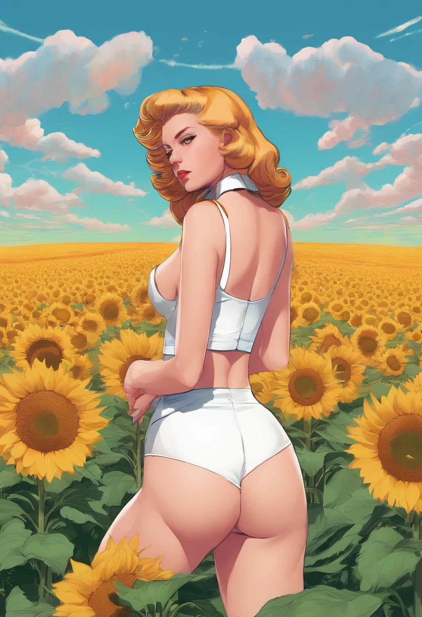1 girl, ((raised high huge round buttocks)), Wide A sunflower field in full bloom,Back view of a woman in Translucent white thong (underwear),long shot,wide view, commercial photography,award-winning photograph,(photorealistic),unity 8k wallpaper,(ultra detailed:1.3),(light_on_face:1.4),CanonEOS 5D MarkIV DSLR