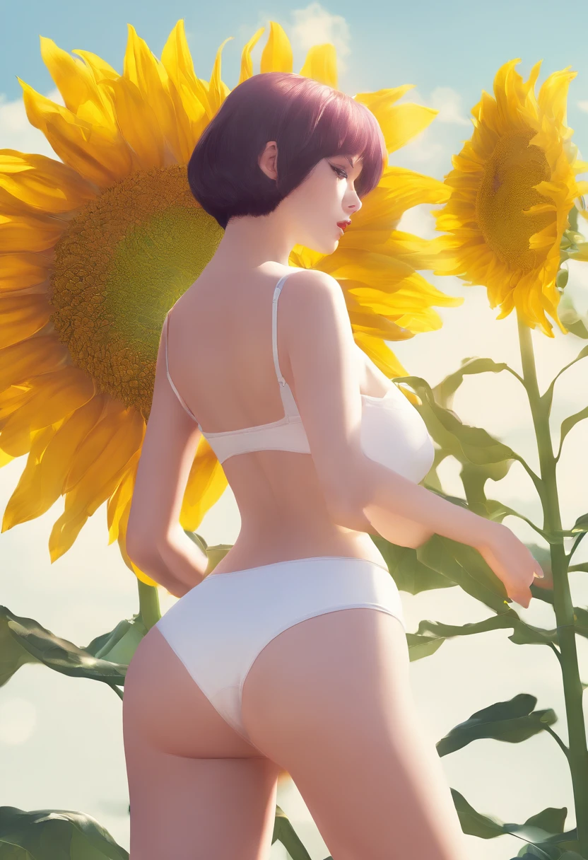 1 girl， ((raised high huge round buttocks)), Wide  A sunflower field in full bloom，Back view of a woman in Translucent white thong (underwear),long shot,wide view, commercial photography，award-winning photograph，(photorealistic),unity 8k wallpaper,(ultra detailed:1.3),(light_on_face:1.4)，CanonEOS 5D MarkIV DSLR