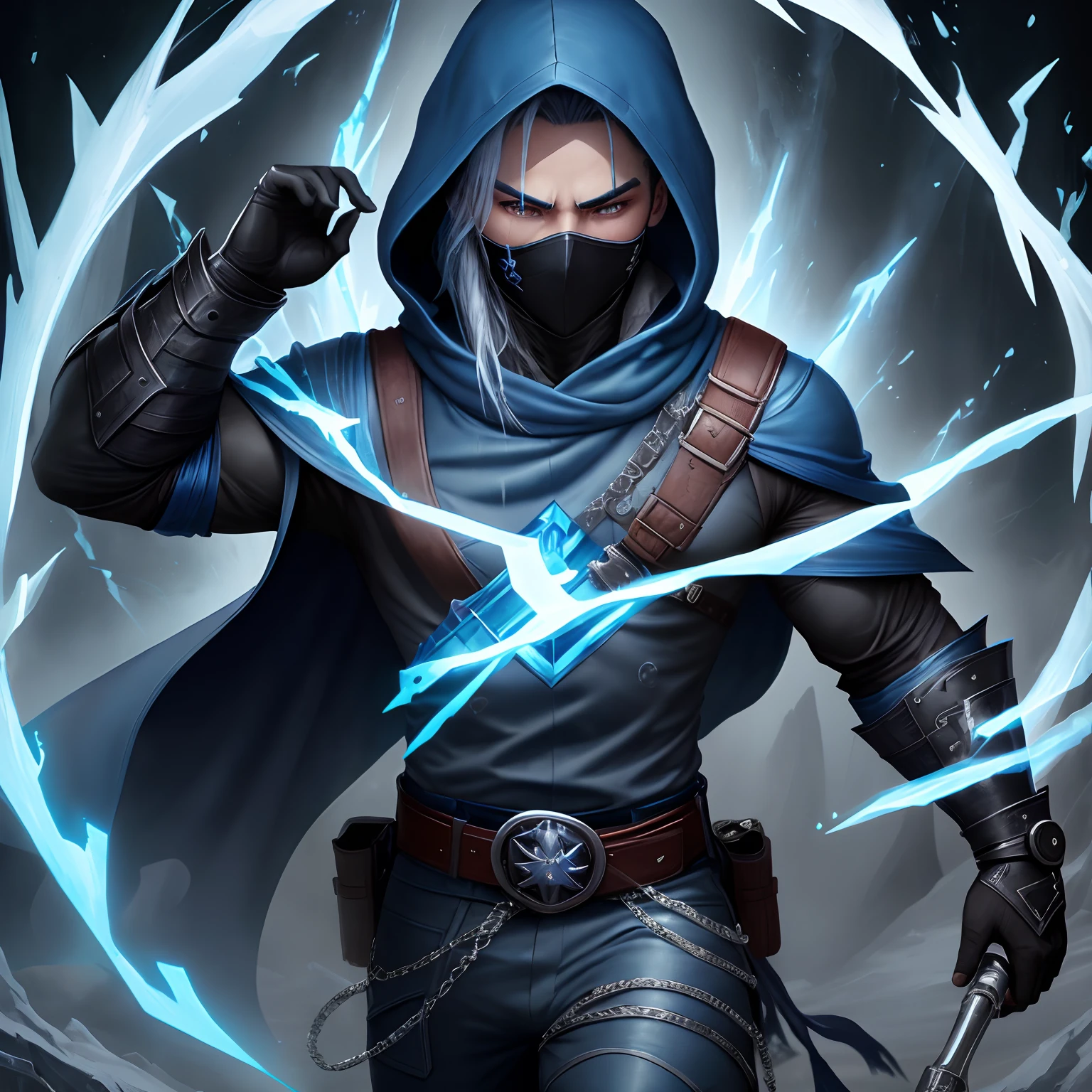 8k, masterpiece, best quality, realistic, higly detailed, cowboy shot, 1boy, solo, Antony, sub-zero, form-fitting, ninja-like outfit, sleek blue-gray tunic, pants with dark metallic accents, face mask witch conceals the lower half of his face, resemble a stylized skull or fierce icy visage, blue or silver, reflecting his cryomancer abilities, hood that frames his face and covers his head, concealing his hair and most of his forehead, attatched cinched with a black belt that holds various tools and pouches, features the symbol of the silver dragon clan on his belt, fingerless gloves, knee-high boots, blue and metallic color scheme, traces of frost, icy blue powers