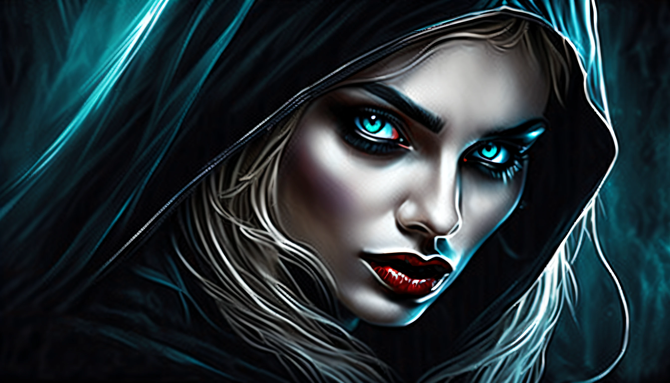 (((dark fantasy and mysterious stunning oil paint vampire dutch angle illustration:1.3))), (((growl expression:1.1))), ((stunningly dark fantasy grim-reaper of beauty with ultimate quality:1.3)), ((exuding beauty and grace:1.3)), beauty light blond and brown hair, rosy skin, aqua eyes, stylish cute smile of presence emanates an eerie enchantment, stunningly beautiful portrait, surpasses any photograph, level of realism is beyond that of a photograph, capturing the essence of a goddess-like beauty, every intricate detail, every extremely detail, meticulously rendered, creating a visually stunning image, immerse breathtaking contrast, use of ballpoint pen and crayon techniques, combination of ballpoint pen and crayon techniques, pinnacle of artistic skill, exudes beauty and elegance, utmost detail and precision using, maximum resolution, beautiful contrast, meticulously crafted to perfection, witness the ultimate fusion of beauty and intelligence in this stunning rendering, floating with elevating splash, create a sense of depth and dimension angle,