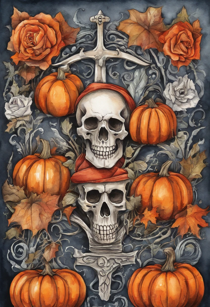 Improvised illustration for T-shirt with skull, pumpkin, graveyard, Blood, Halloween
