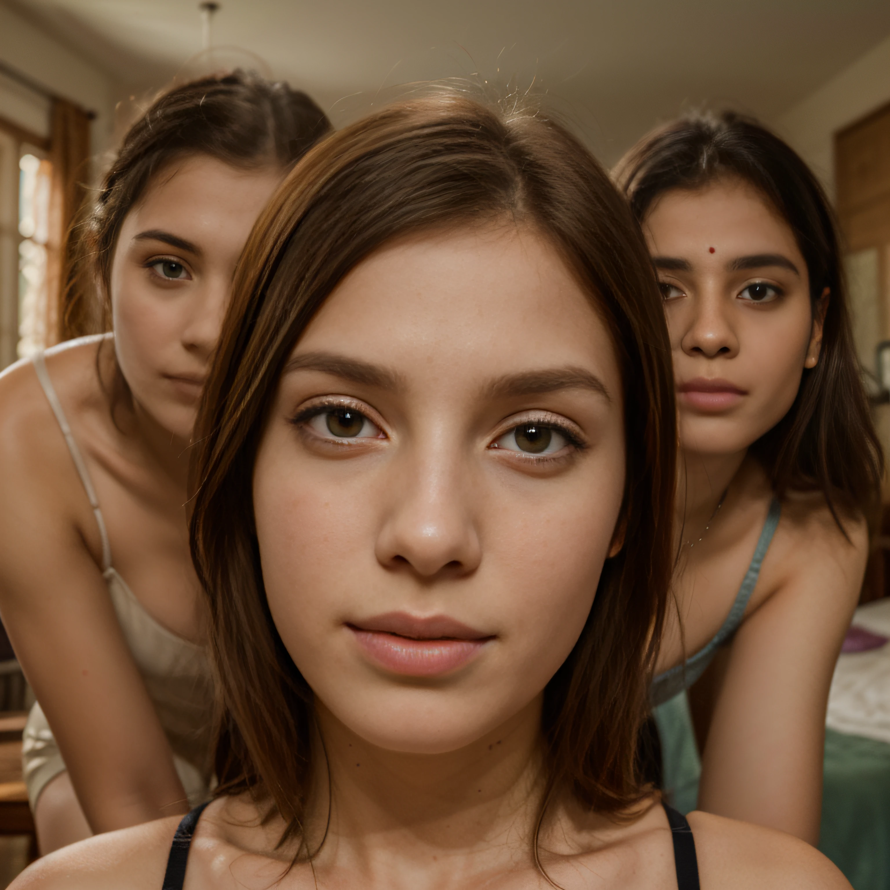 three english ginger girls in a room in India, long legs, anorexia, face close up, detailed face features, masterpiece, UHD, super detail, textured skin, 16k