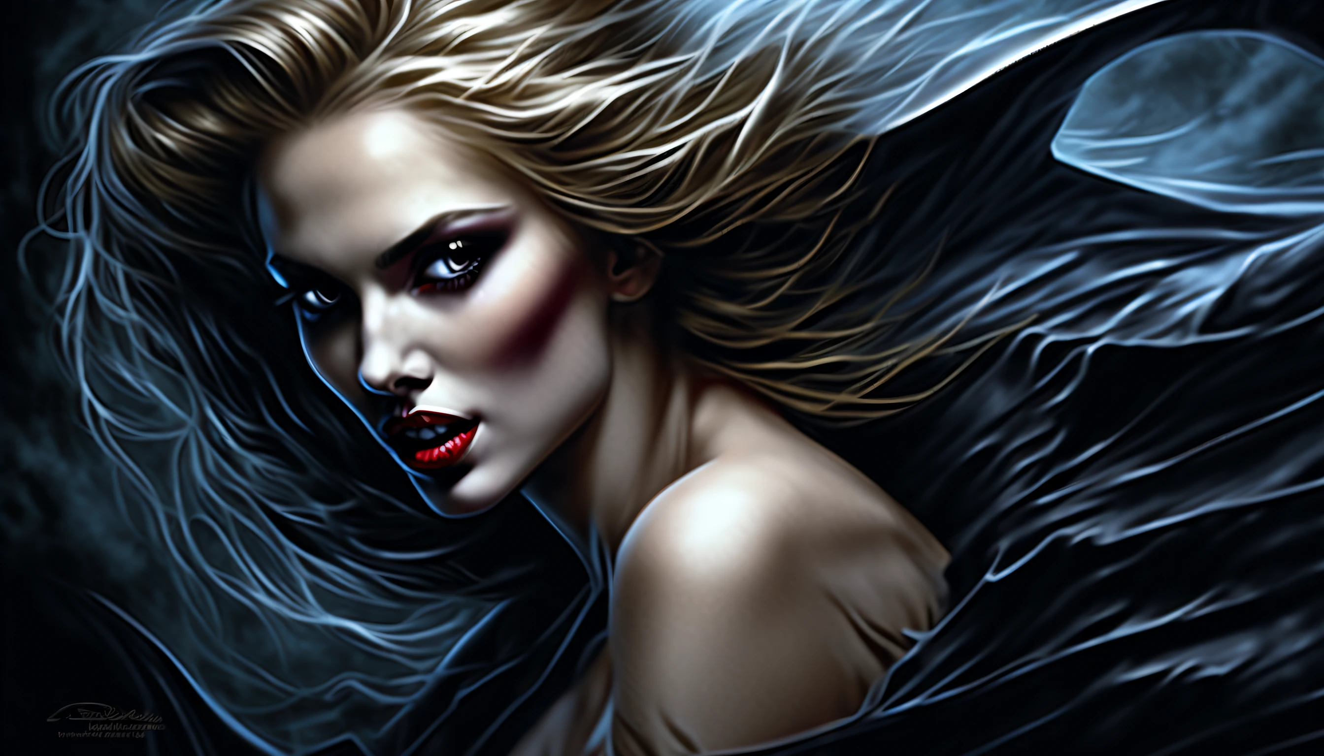 Beautiful vampire, bared fangs, blood-covered ocean castle as background, Easter,watercolor style smearing, art, dramatic lighting, David Lynch's image style, abstract expressionism, metaphysical, expressionism, muted, golden ratio,details aesthetic octane render excellent composition natural textures 8k oil paining masterpiece canon eos r4s 50