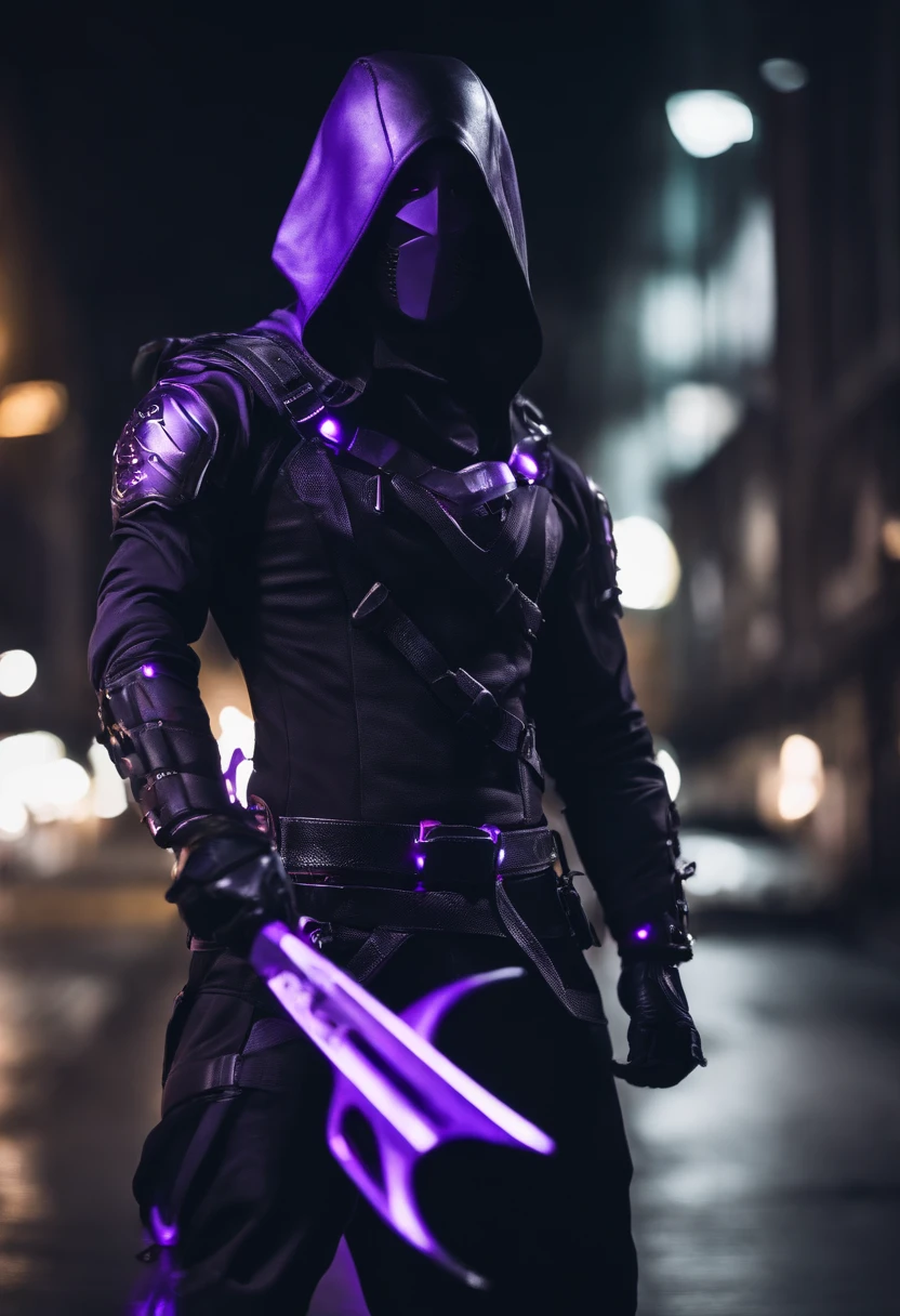 Purple and black tones、cyberpunked、male people、Half body machine、cyborgs、Full Metal Mask、Purple hood、Luminescent eyes、Near Future Ninja Awesome assassin purple tone Knife in left hand Lonely heights Killing Machine masutepiece Super beautiful、3-point live method、Best Quality、hight resolution、foco nítido