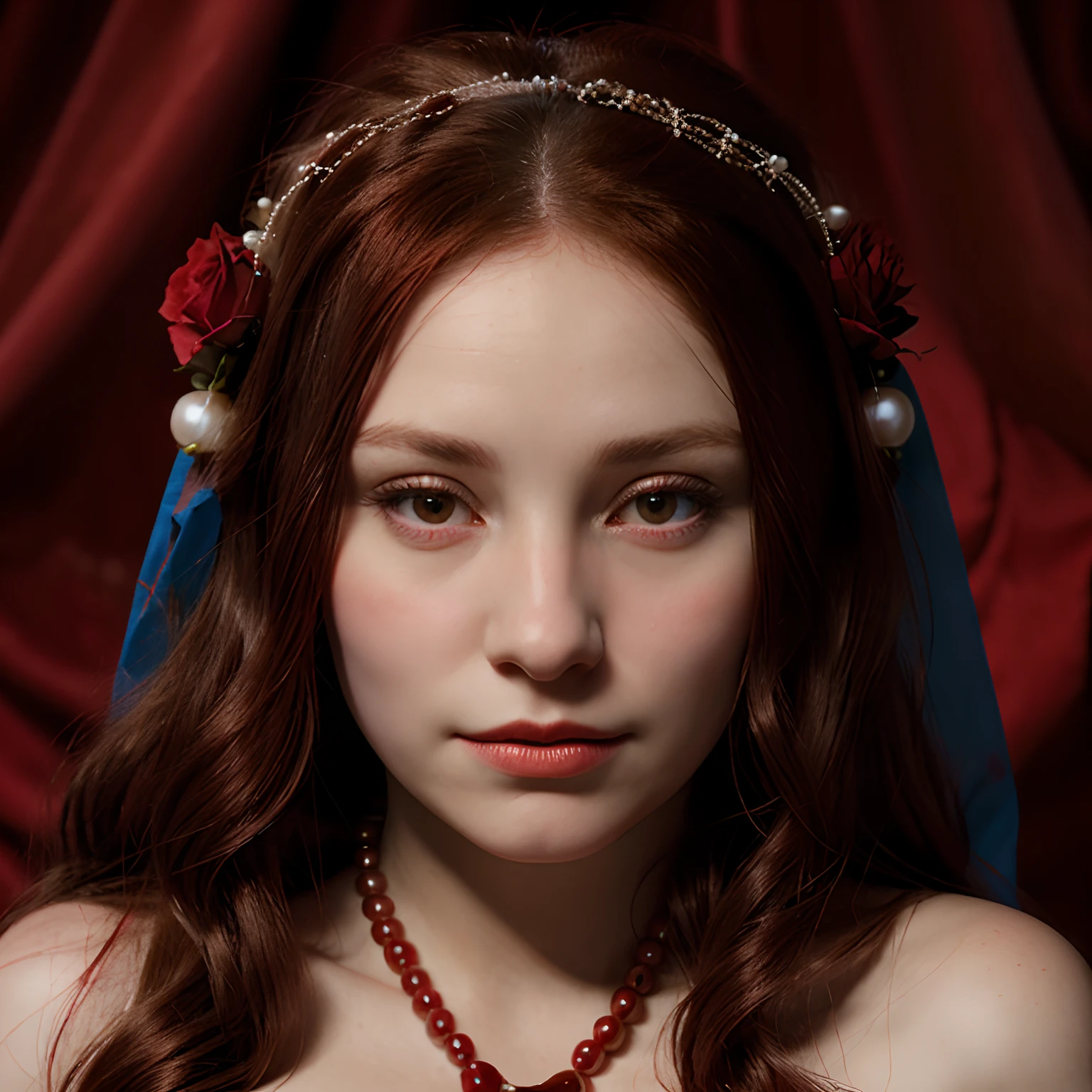 Realistic Mary Magdalene with red red veil over hair, wearing pearls, surrounded by roses