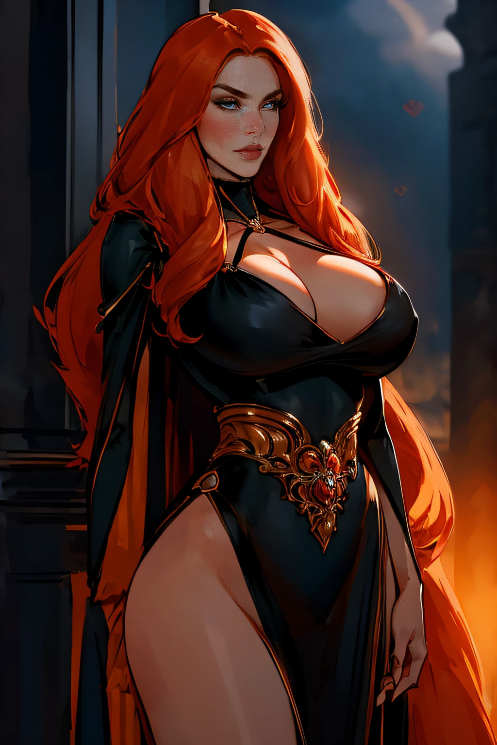 ((Masterpiece)), beautiful, super model, 1 Girl, large Boobs, long hair, orange hair, bangs, sharp nose, Perfect Body, straight eyebrows, pointed chin, wide hips, ((black evening gown)), heart shaped face, (serious expression)