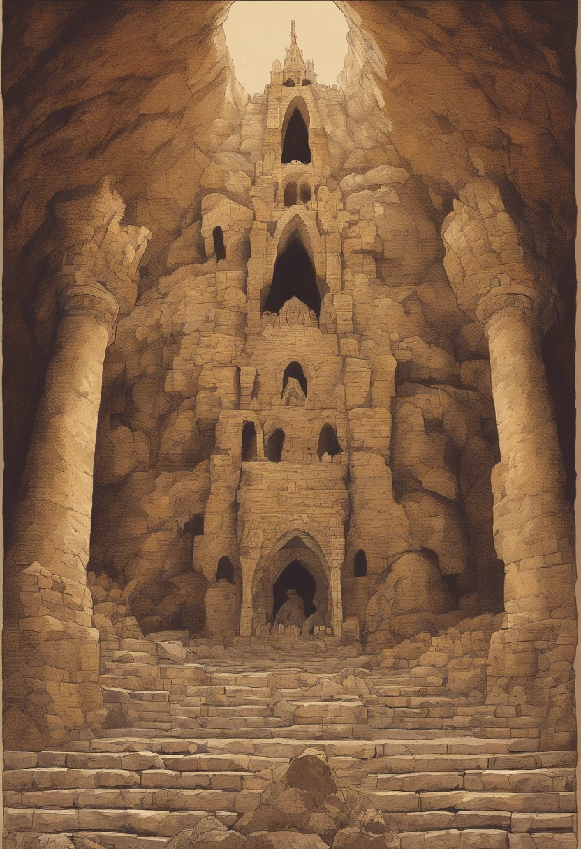 giant sweeping pyramid dwarfed by the massive underground cavern it sits in, with a strange architectural design that looks like anything found in Europe or South America