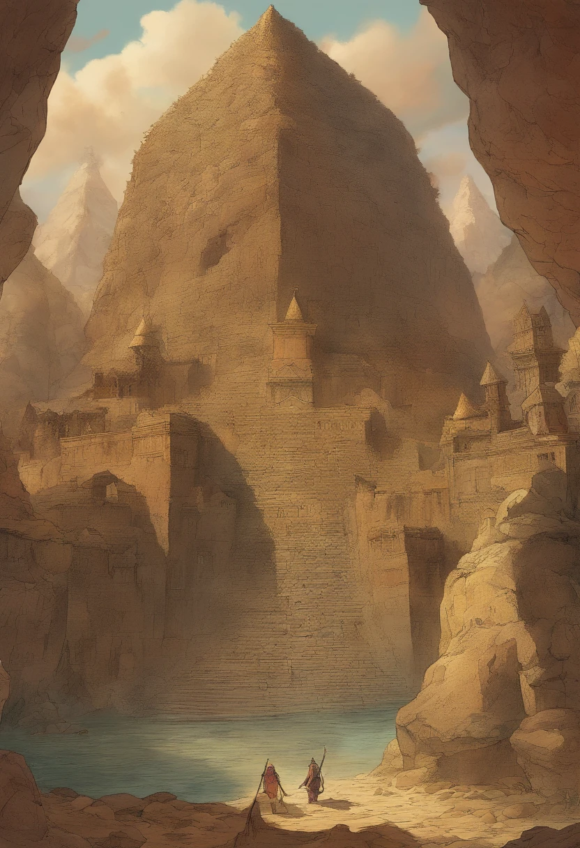 giant sweeping pyramid dwarfed by the massive underground cavern it sits in, with a strange architectural design that looks like anything found in Europe or South America