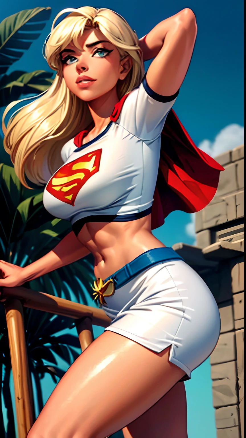 (cowboy shot), SFW, (masterpiece), (best quality: 1.0), (ultra highres: 1.0), detailed eyes, BREAK (Supergirl sitting spreading her legs), 1girl, long blonde hair, Hair band, (big boobs), \(blue\) crop top, short sleeves, cape, (((long blue pencil skirt))), (((white panties))), gloves, boots BREAK (Morning sun, beautiful beaches, stunning view)