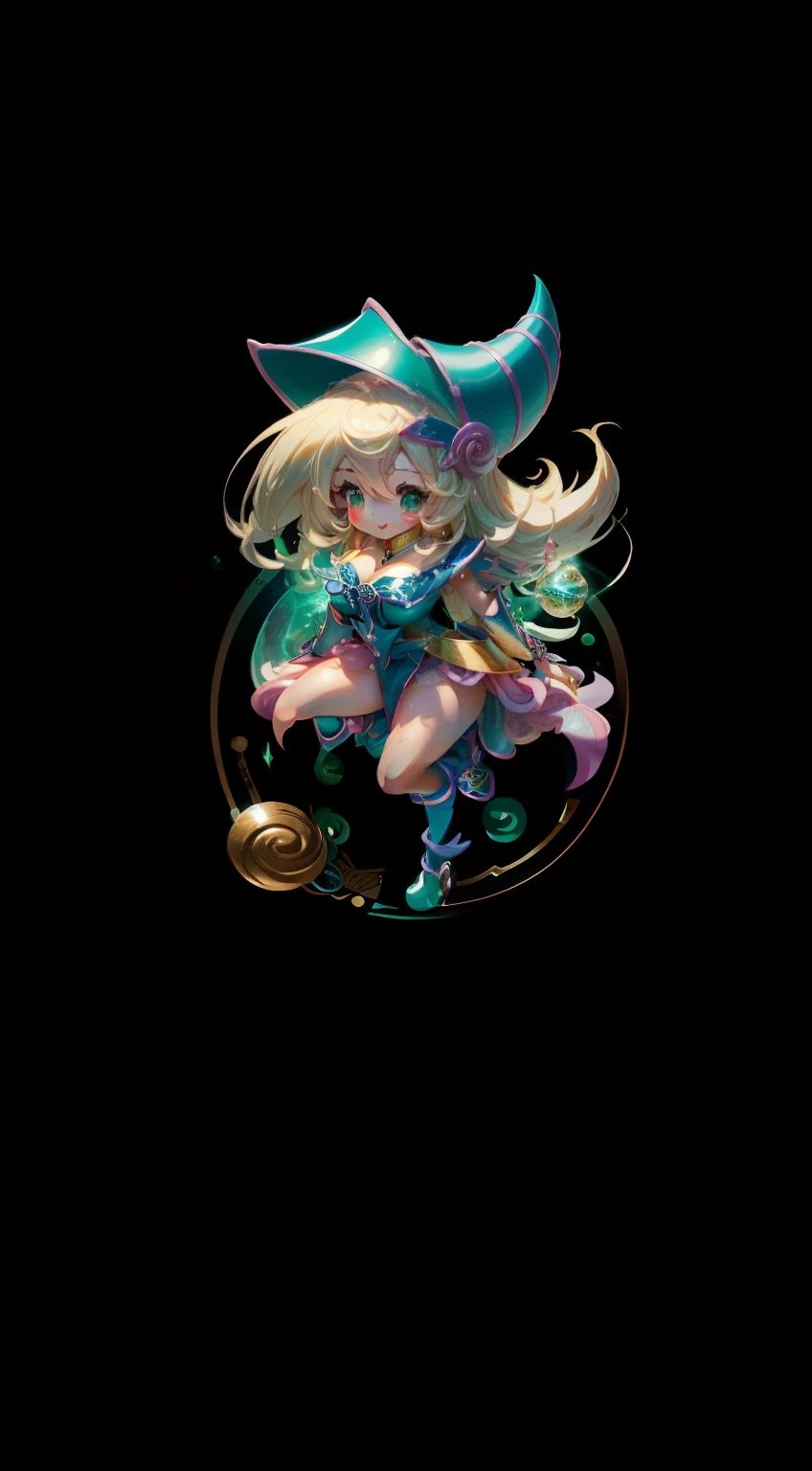 Dark magician girl rabbit version, orejas grandes, sonrisa feliz, (usando Hanfu) peludo, cabello esponjoso, Suave ((La mejor calidad)), ((Obra maestra)), (Accesorio para el cabello)( Detalle extremo, Highest detail, Arte Oficial, Beauty and Aesthetics:1.2), Profundidad de campo, compositing ( (todo el cuerpo) ), (dark magician girl Chibi), (Ojos hermosos y detallados: 1.3), (muy feliz:1) (verde menta claro y blanco degradado), Caja ciega Popmart, Textura de arcilla, (globo transparente, Fondo decorativo de nubes), Luz natural, La mejor calidad, Super detail, Arte 3D, c4d, batidora, OC renderizador, Renderizado 3D, 8k
