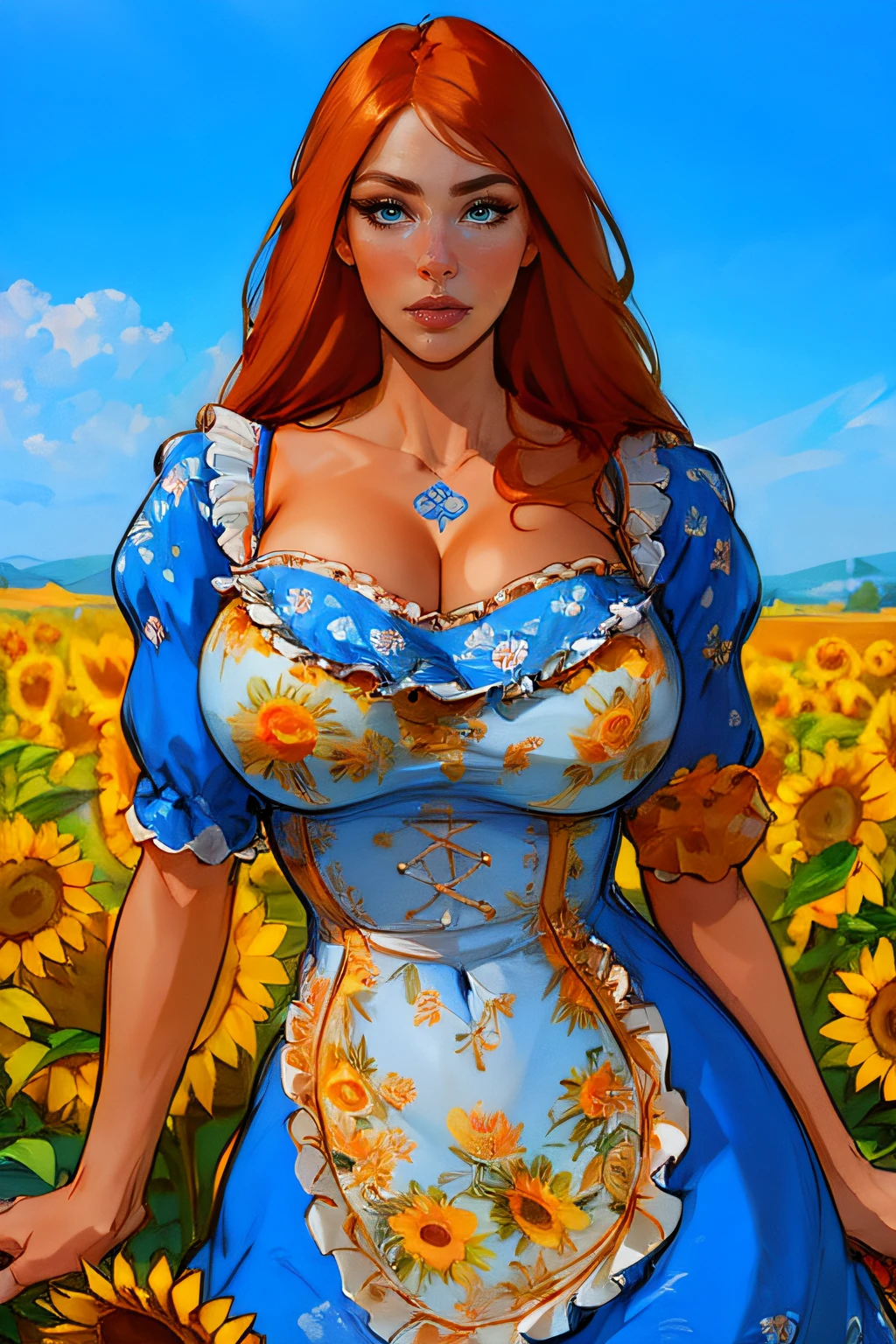 ((Masterpiece)), beautiful, super model, 1 Girl, large Boobs, long hair, orange hair, bangs, sharp nose, Perfect Body, straight eyebrows, pointed chin, wide hips, (( blue summer dress, floral pattern, frills)), heart shaped face, (sultry expression), Sunflower field