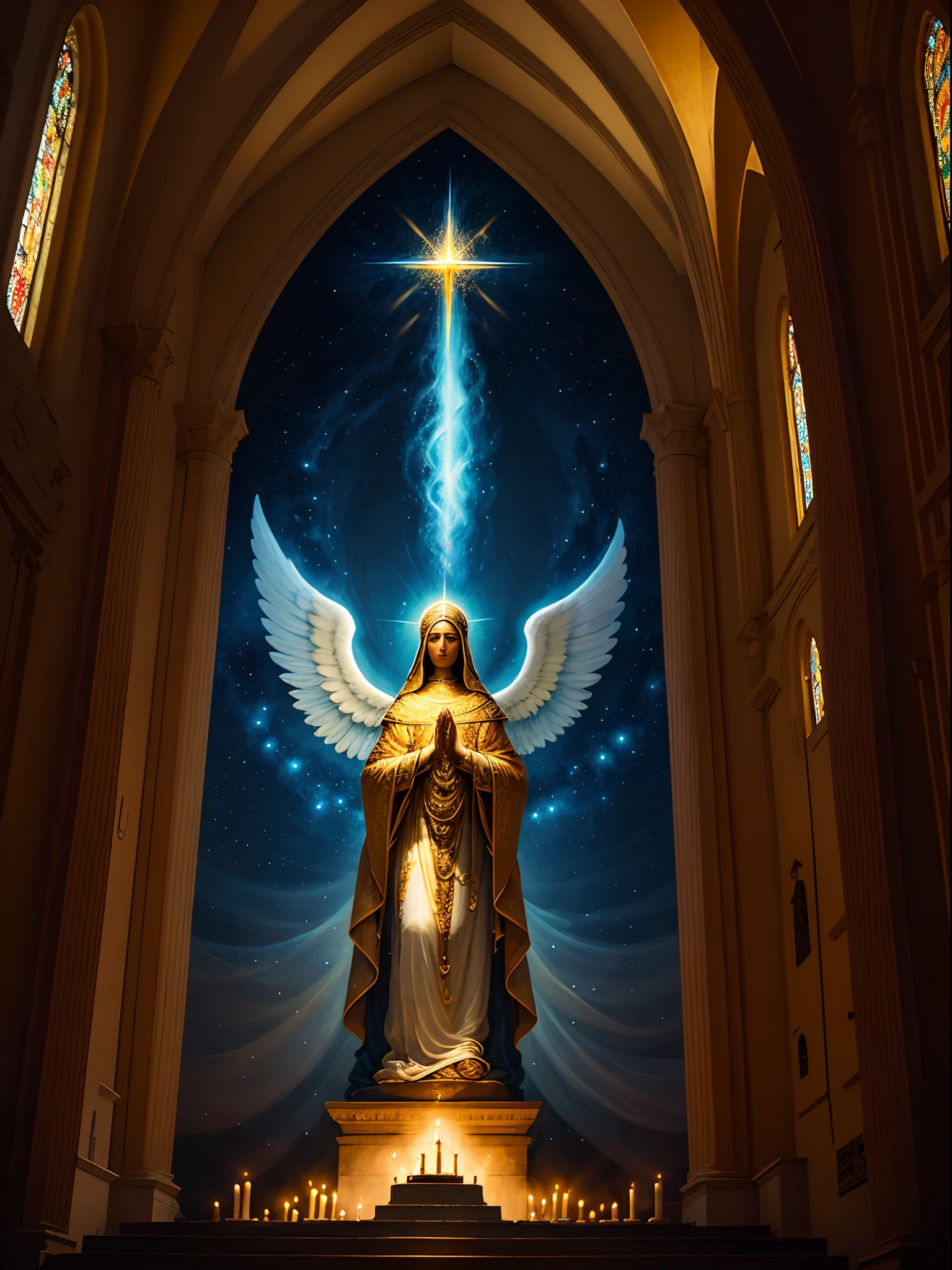 A heavenly scenery unfolds before our eyes, onde Nossa Senhora Aparecida, a padroeira do Brasil, It is surrounded by angels in an image of pure devotion. With your hands clasped in a gesture of welcome, a Virgem Maria irradia amor e carinho. Os anjos, in its radiant and ethereal forms, flutuam ao redor da santa, enveloping her in an aura of peace and protection. Each angel has a serene and delicate expression, as its detailed wings unfold with grace in the air. A luz divina ilumina a cena, highlighting the beauty and divinity of the Mother of God. The image conveys a sense of serenity, Faith and hope, inviting us to draw closer to Our Lady of Aparecida and to find solace in her heavenly presence.