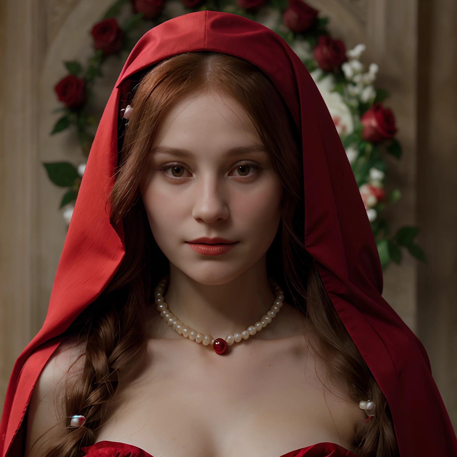 Realistic Mary Magdalene with red red veil over hair, wearing pearls, surrounded by roses