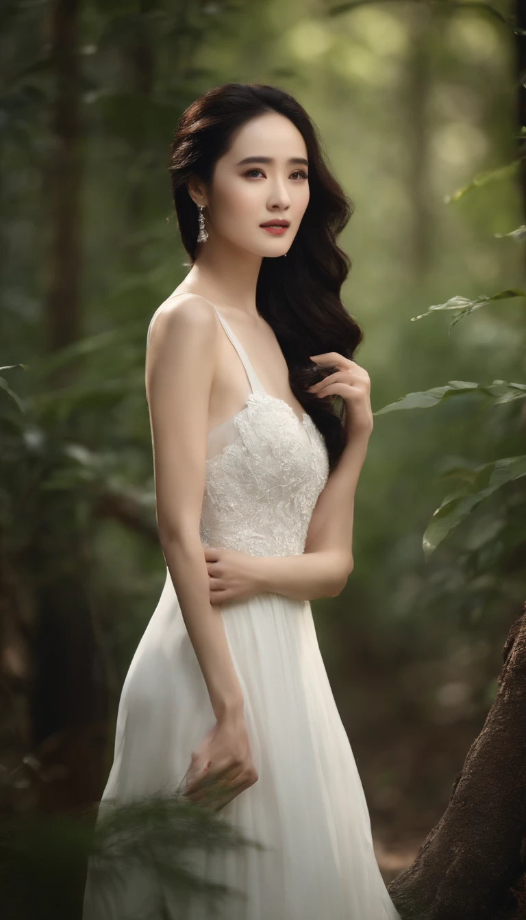 A Chinese woman in a white sleeveless dress, Yang Mi::0.5, gracefully posing amidst the forest, capturing the essence of nature and elegance, soft lighting, dreamy atmosphere.