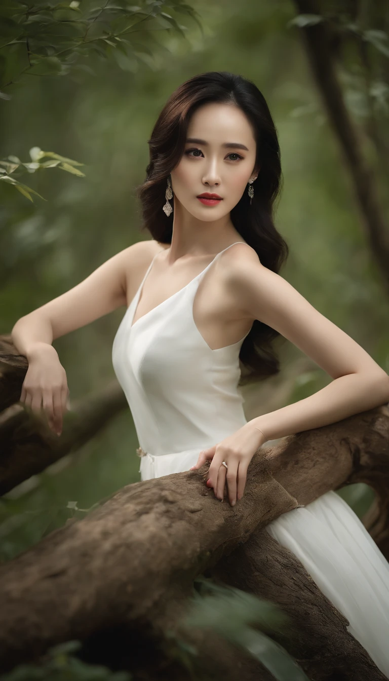 A Chinese woman in a white sleeveless dress, Yang Mi::0.5, gracefully posing amidst the forest, capturing the essence of nature and elegance, soft lighting, dreamy atmosphere.