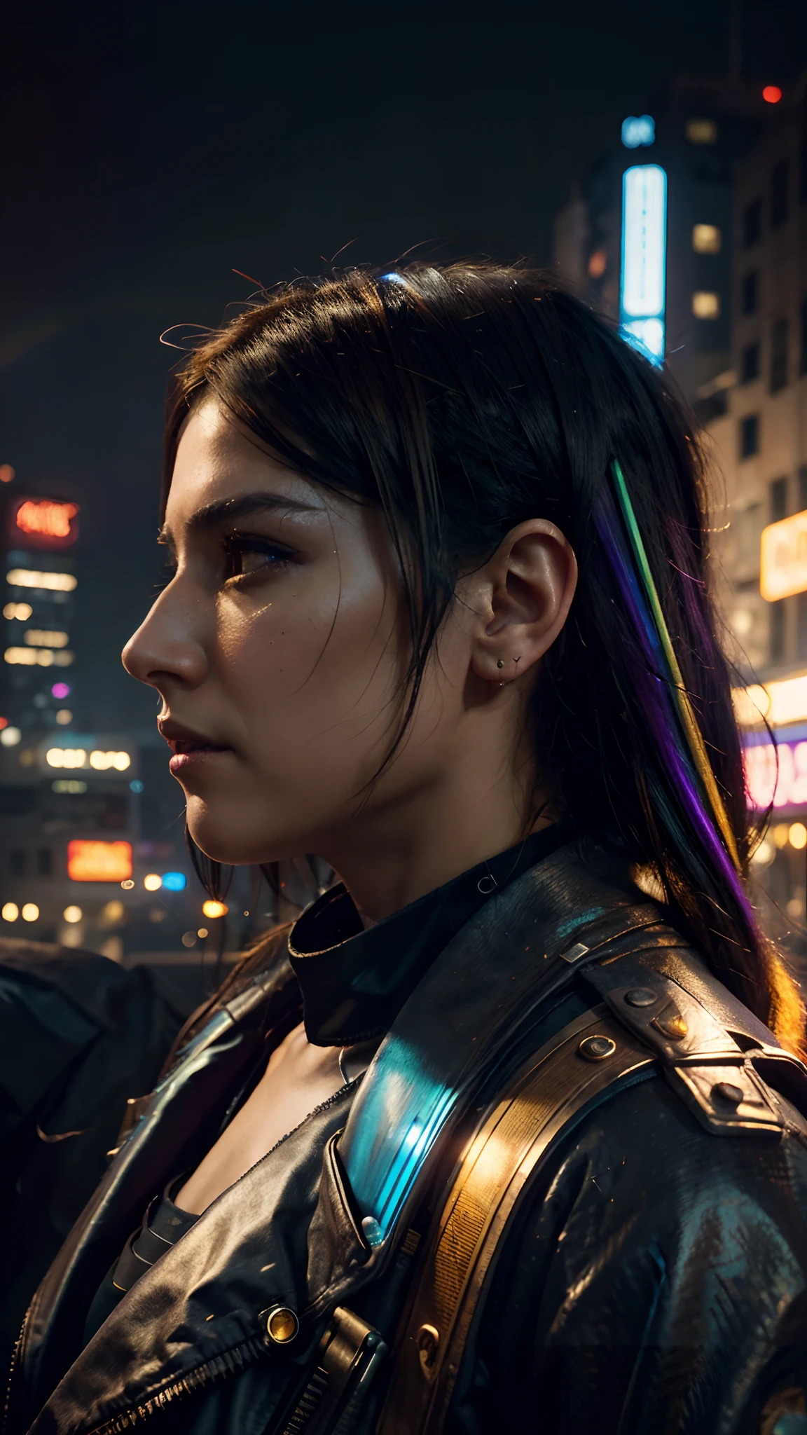 Profile picture, cyberpunk city background, retro, Warm Color Palette, Rainbow, Bright, Incandescent, gold lights, dark purple, highly textured, highly detailed, highly realistic cyberpunk, steampunk elements, ethereal art, dramatic litghting, wide angle, futuristic weapon, cinematic, HDR, 8k.
