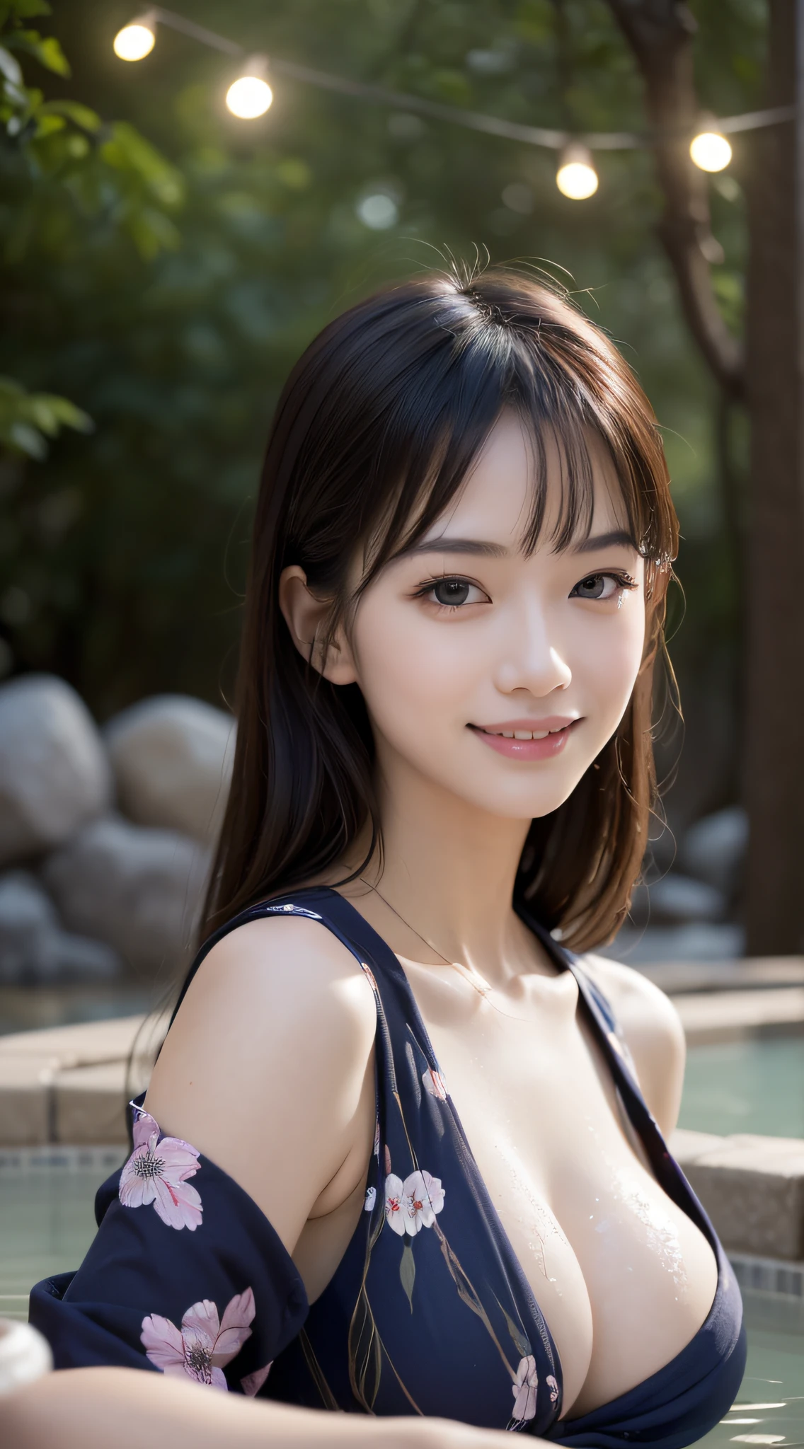 1girl, extremely cute face, Amazing face and eyes, (highly detailed eyes, highly detailed face), Fresh, very clean appearance, (hyper-realistic, hight resolution), (best Quality:1.4), Raw photo, (Realistic, Photorealsitic:1.37), Professional Photography, Cinematic Light, (floral pattern yukata:1.25), (amazing big breasts:1.1), (open yukata), (bare shoulders), Smile slightly, Staring at me, outdoor, Hot springs, (open-air bath at night:1.5), (dark forest), trees, rocks, lantern light, candle light,