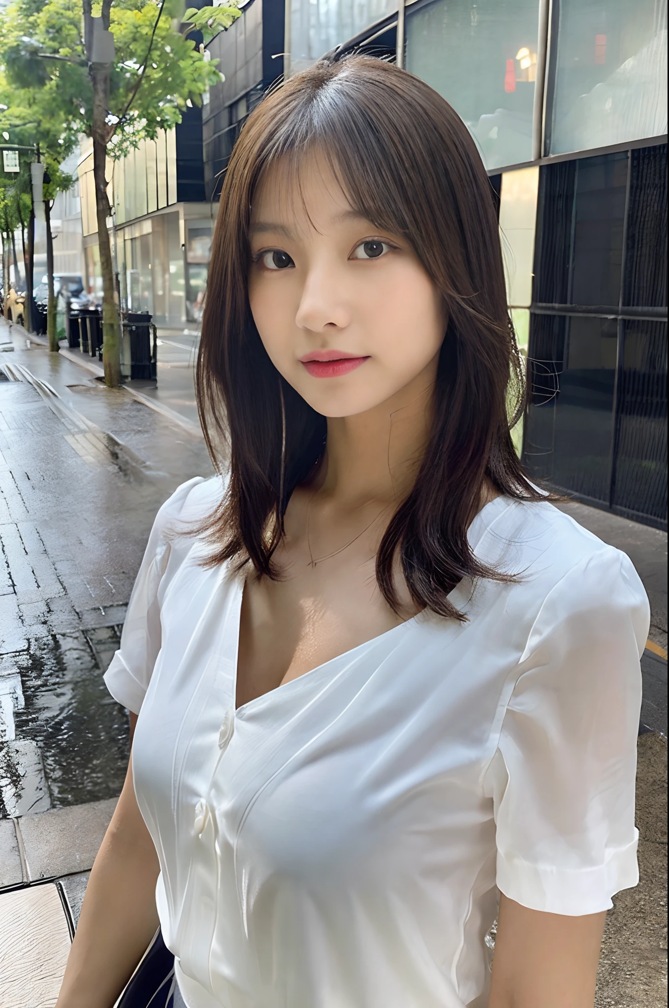 (A hyper-realistic), (illustratio), (hight resolution), (8K), (ighly detailed), (The best illustrations), (beatiful detailed eyes), (top-quality), (ultra-detailliert), (masterpiece), (wall-paper), (detailed face), droopy eyes,full of sweat, whole body, full body, long legs,Armpit,short-hair, light brown hair, inner colored,solo, big breast, cleavage, japanes, Colossal tits、A smile, wearing white blazer, white short skirt, office uniform, street with neon lights