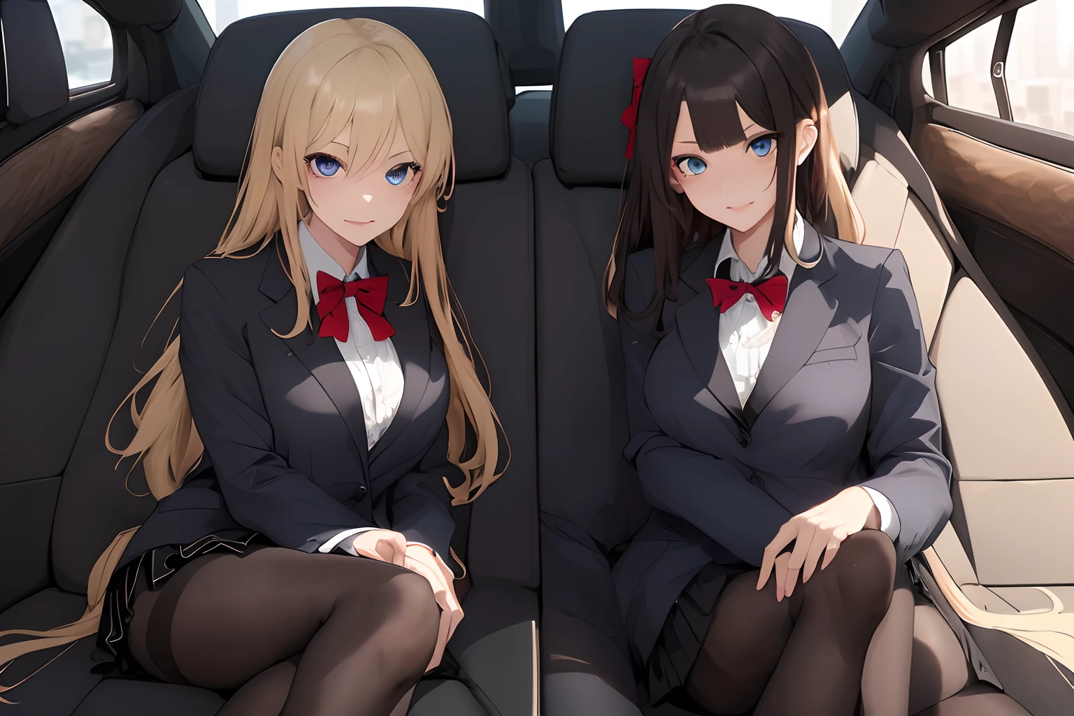 two woman sitting in the back of a car, (((perfect eyes)))