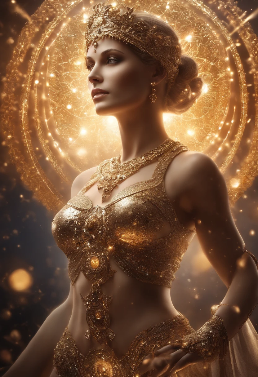 Themis Goddess of Cosmic Justice, olhos vendados com um pano branco, Biomechanicals, incrivel, assustador, Pesadelo, cores muito brilhantes, light particles, com luz brilhante, Mshiff, Arte do papel de parede, Papel de parede UHD