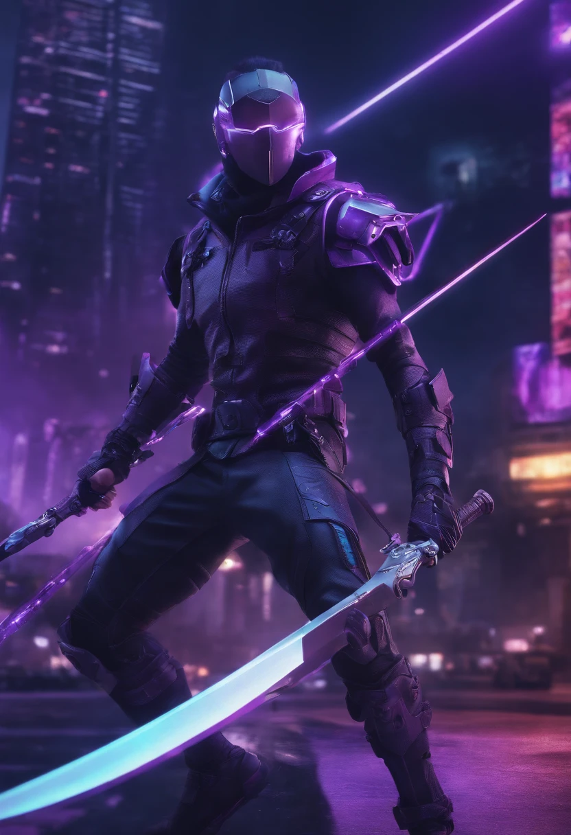 cyberpunked、male people、Half body machine、cyborgs、Full Metal Mask、Near Future Ninja　Awesome assassin　purple tone　Knife in left hand　Lonely heights　Killing Machine　masutepiece、Super beautiful