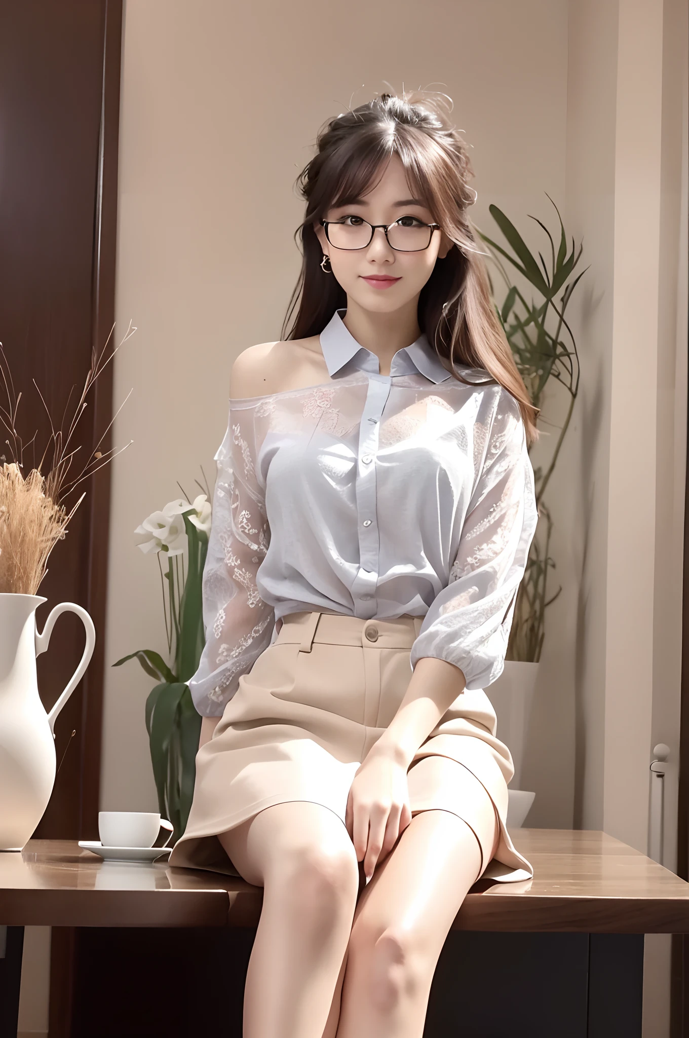 NSFW, (8k, best quality, master:1.2), (realistic, photo-realistic:1.37), super detailed, 1 girl with glasses, looking at the audience, cute, beautiful detailed sky, detailed café, sitting at the table for afternoon tea, full body, (smile:1.15), shut up, mid-chest, burst shirt buttons, beautiful delicate eyes, (collared shirt: 1.1), daytime, sunlight, white lace, ( Long hair: 1.4), shoulder-length hair, silver hair, uniform, white skin, movie lights, street lights, (sexiest actress: 1.4), full body photos, (coffee table:1), (handbag: 1), ulzzang-6500-v1.1:0.3, karinak-4501-6300:1.2, long legs, high heels,