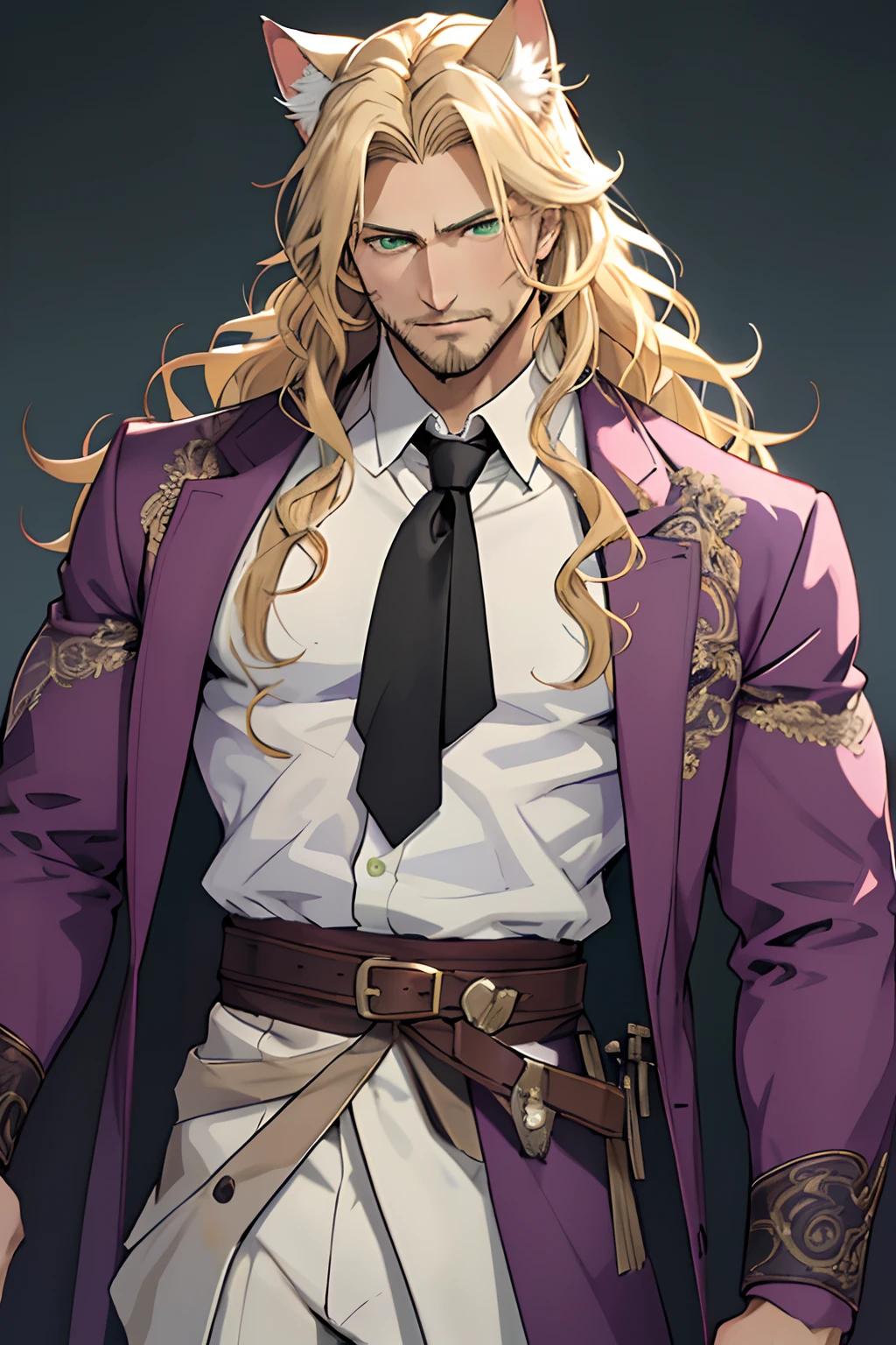 Purple coat, one male, cat ears, long hair, blond, blond hair, green eyes, tall, muscular, white shirt, beautiful face, highest quality, masterpiece, 2d, anime, perfect face, highest detail, feline eyes, stubble, cat tail, wavy hair, cowboy shot, detailed face, intricate details, nervous,