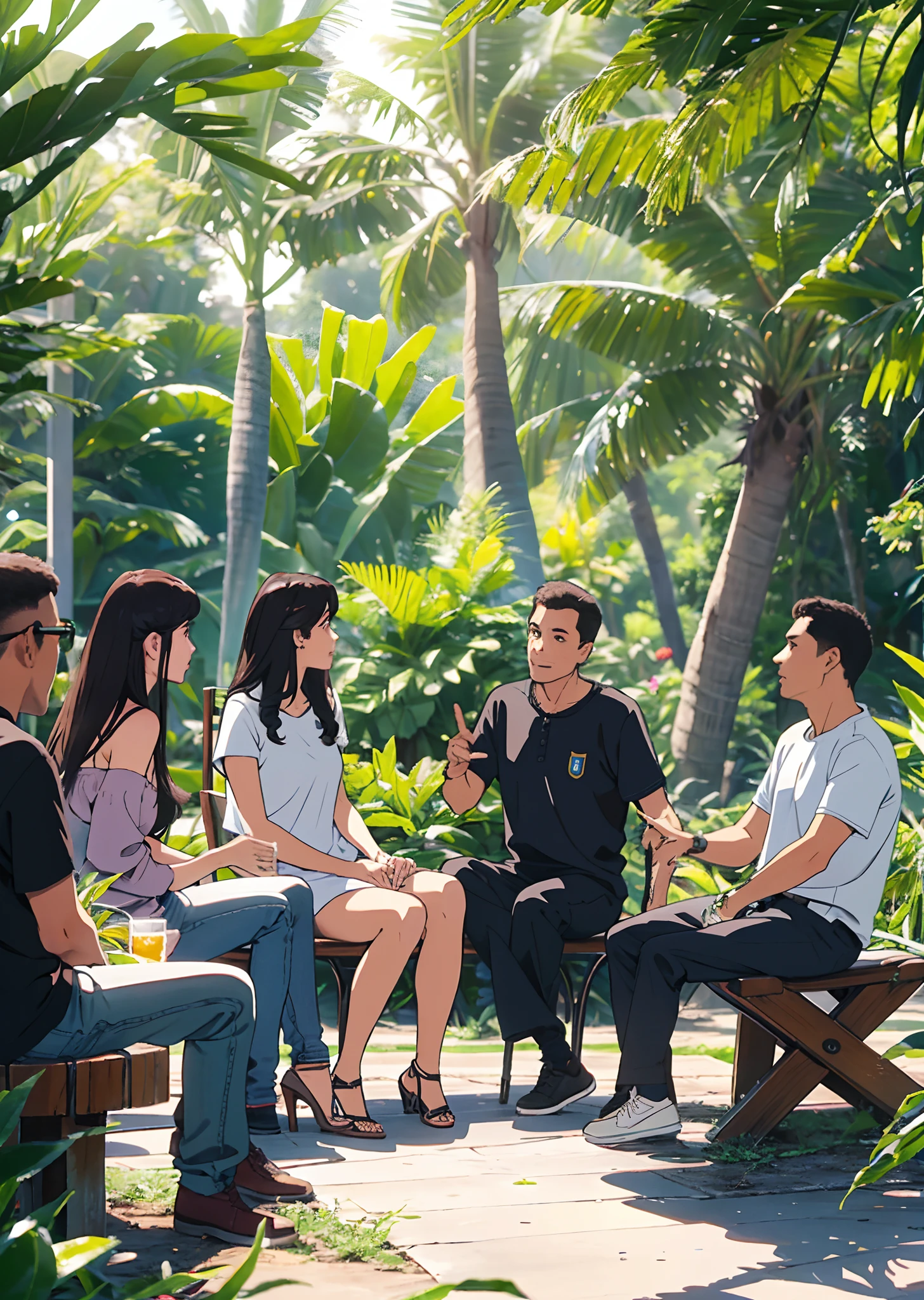 group of 12 Brazilian men and women talking to each other, wearing casual clothes, sitting in a circle in a square with many Amazon trees --auto --s2