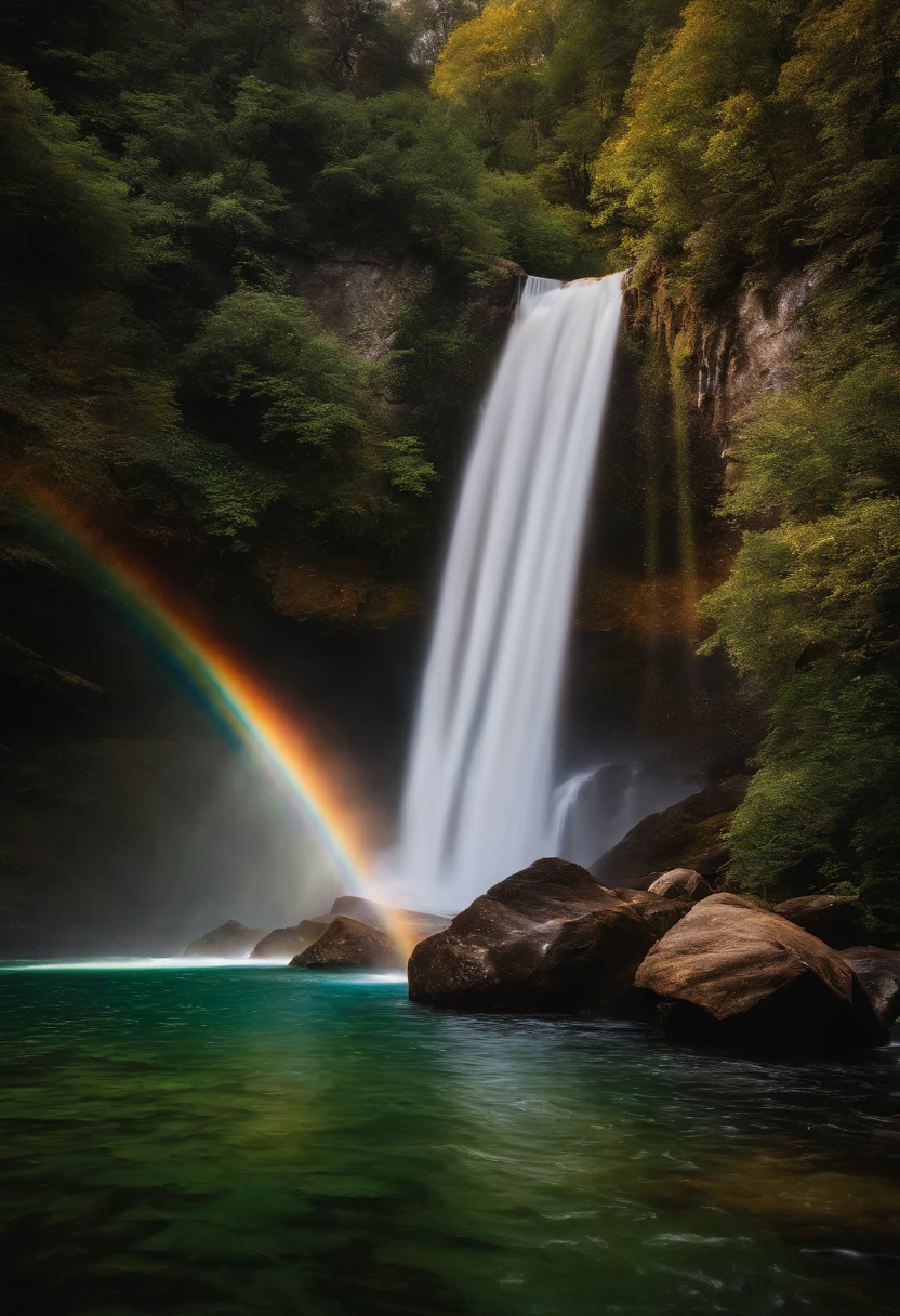 Photo of a waterfall with a rainbow flow in the middle, Rainbow River Falls, Cascading iridescent waterfalls, Bioluminescent waterfall, Nebula Falls, Shimmering iridescent water, Shining water, ethereal rainbows, magical colors and atmosphere, Galaxy Falls, magical colors and atmosphere, Alien Falls, Rainbow Pool, Beautiful spectrum of vibrancy